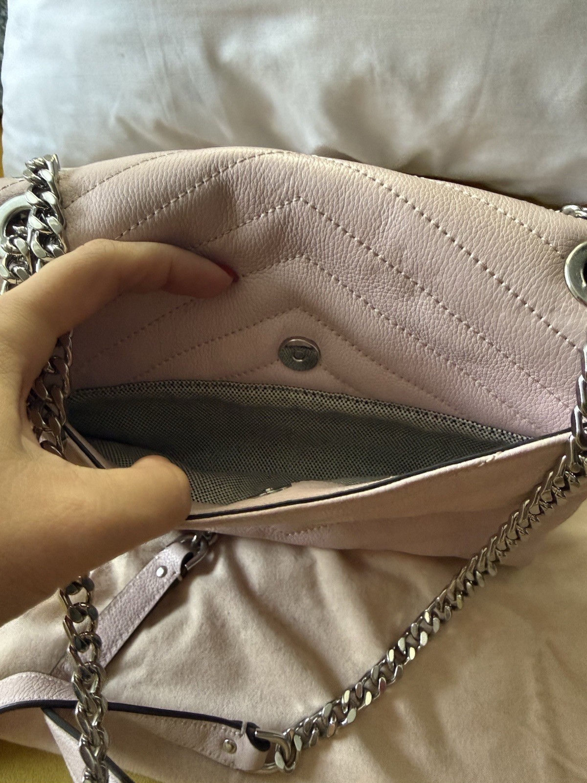 Rebecca Minkoff Pink Edie Chevron Quilted Crossbody Chain w Dust Bag