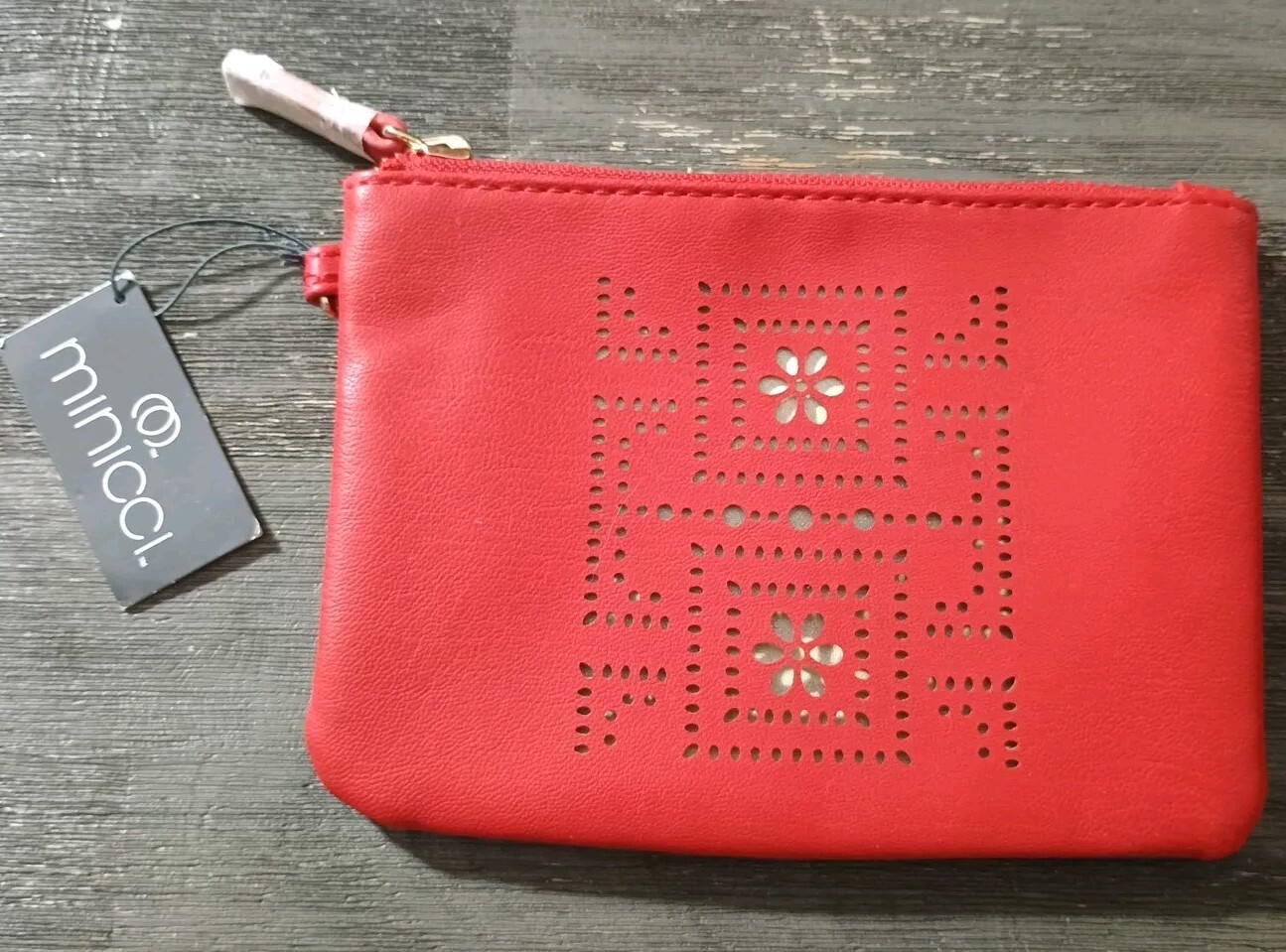 Minicci Red Gold Floral Laser Cut Small Purse Pouch NWT