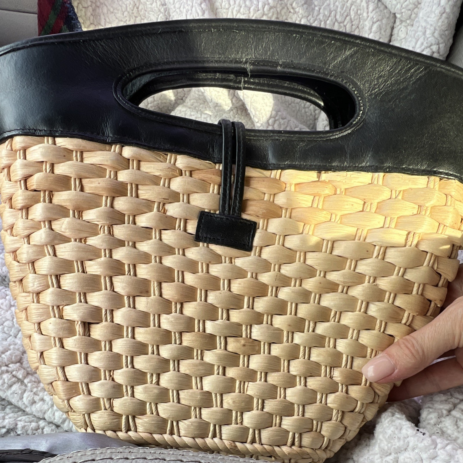 Women’s Beige/Black Woven Wicker Top Handle Bag Black Leather Handle Gingham