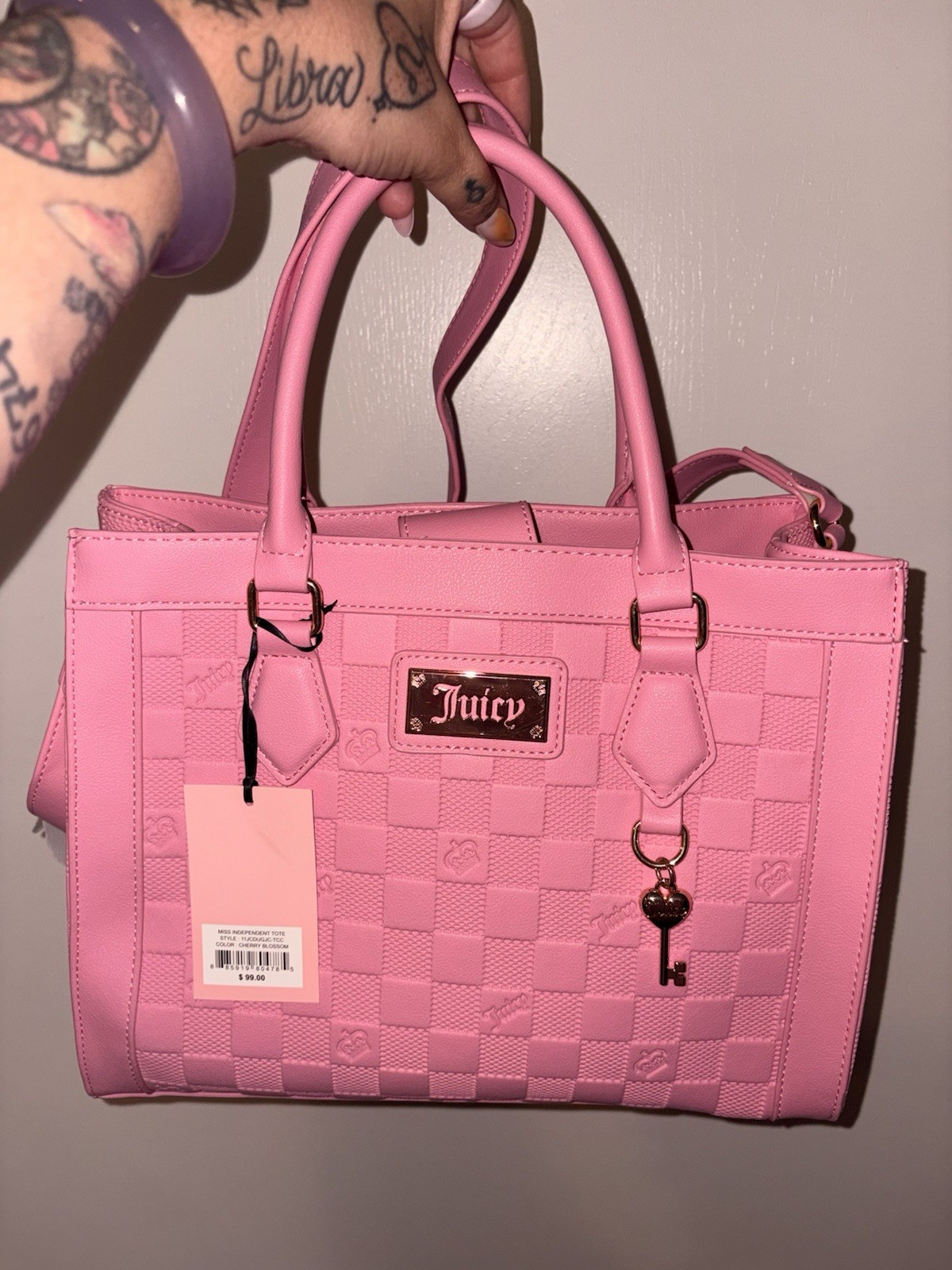 Juicy Couture Pink Logo Satchel Top Handle Zip/Magnetic, Gold Hardware Key Charm