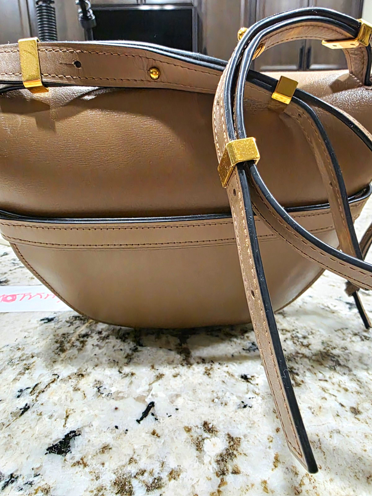 Loewe Gate Small Taupe Pebbled Saddle Crossbody Bag w/ Gold Hardware
