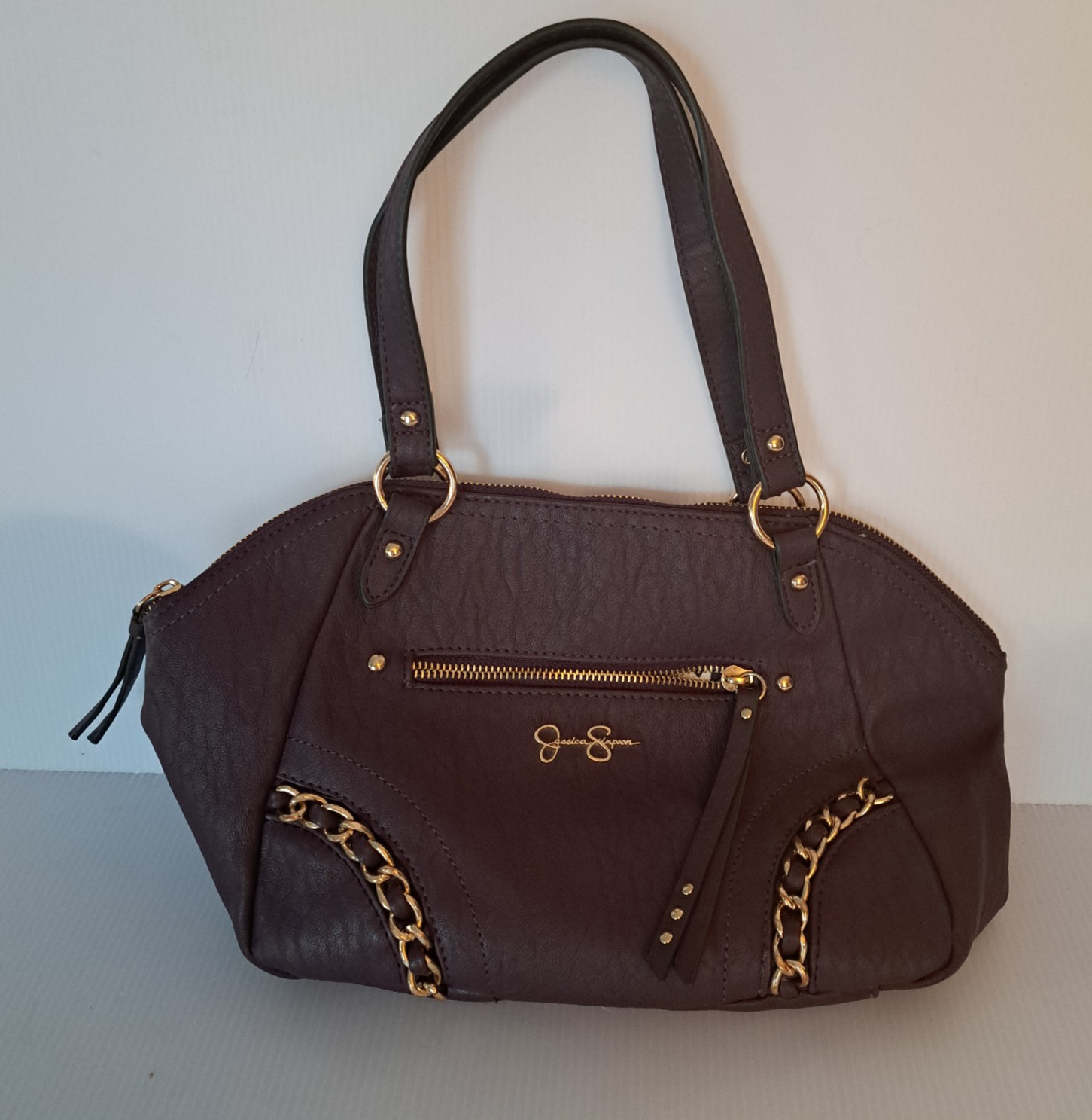 Jessica Simpson Satchel Handbag Maroon Faux Leather Gold Chain Accents Shoulder