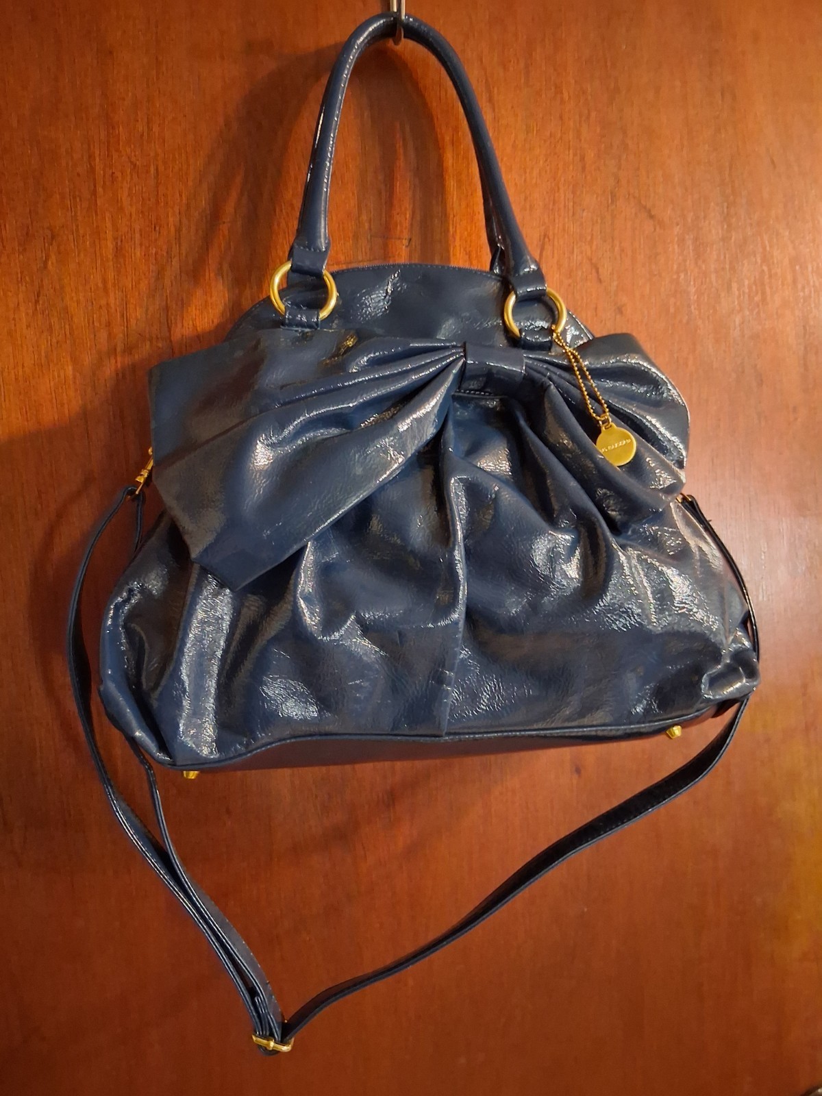 Buddha Boutique Navy Blue Patent Faux Leather Bow Satchel Shoulder Crossbody Bag