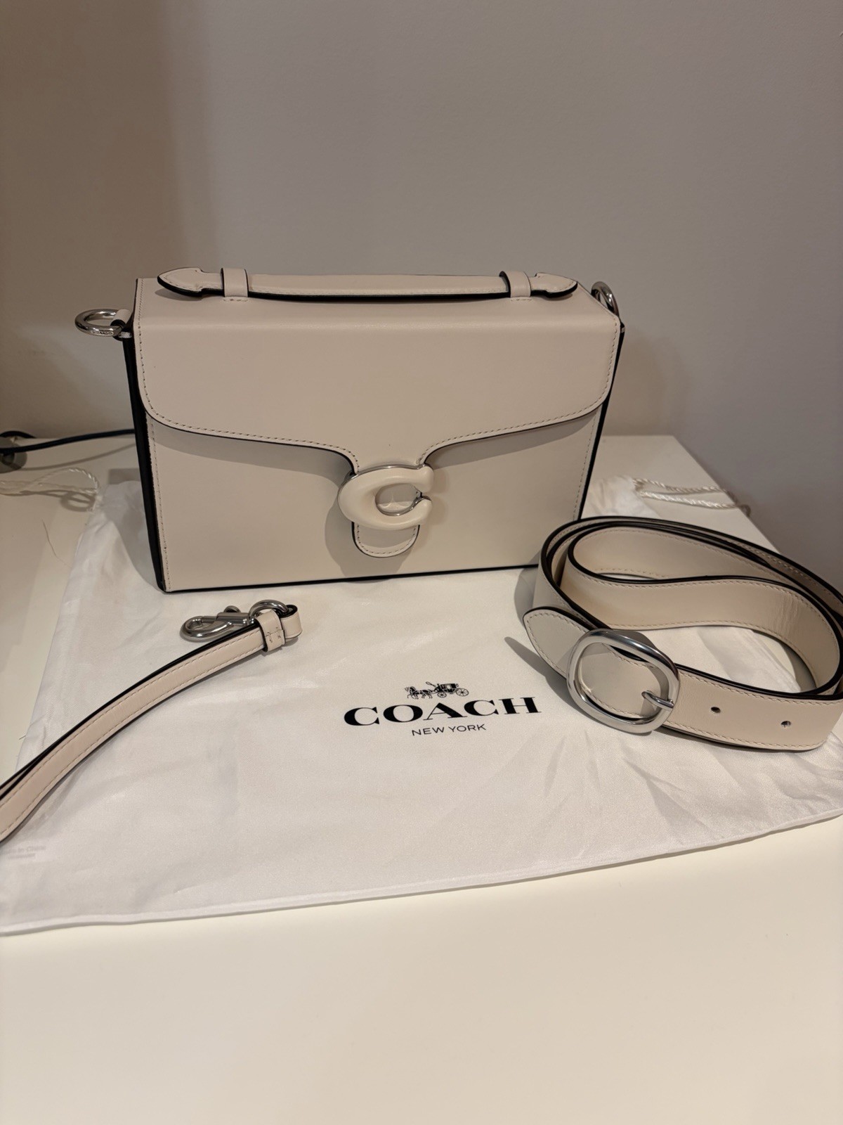 Coach Tabby Box Bag in Cream with Silver hardware, cross body and wrist strap.