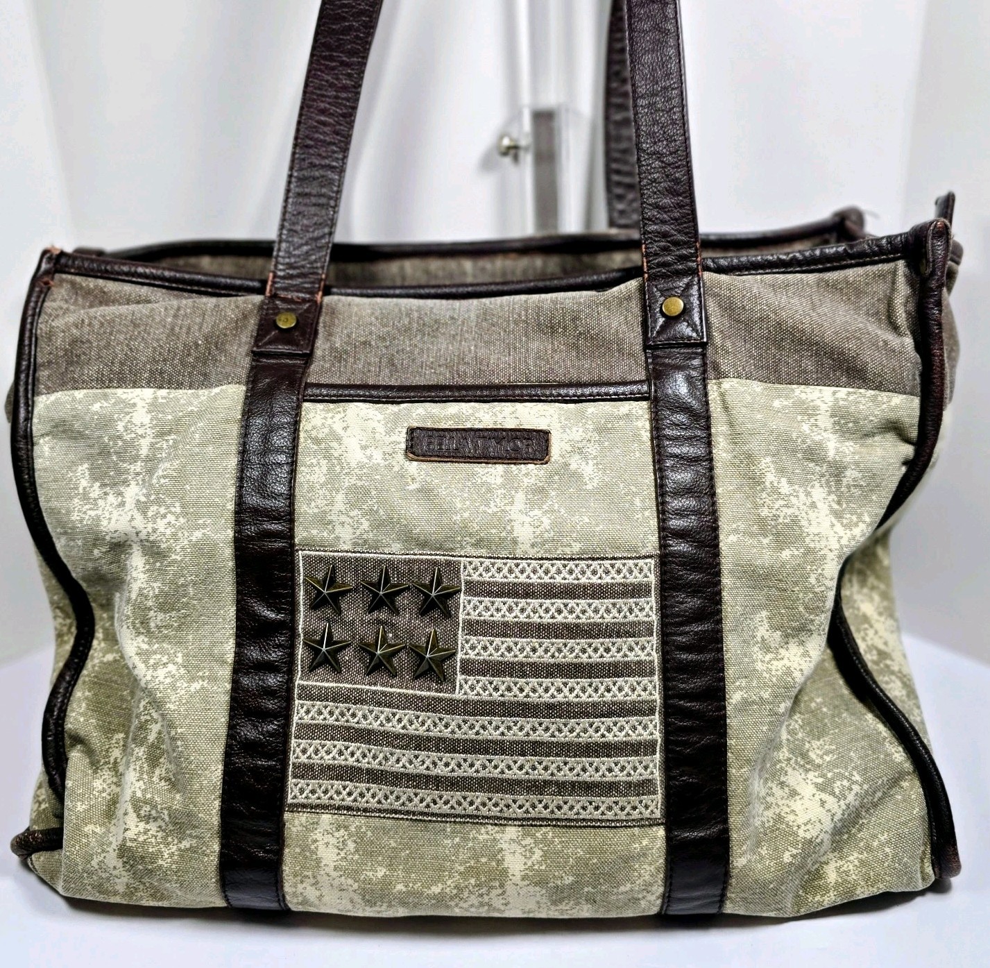 Bella Taylor Canvas Tote Bag American Flag Leather Trim Large Shoulder Bag