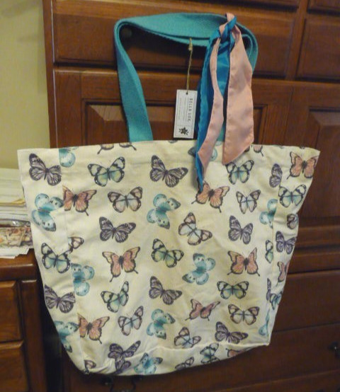 NWT Bella Lux Multicolor Butterflies Reusable Cotton Canvas Tote 16″ x 15″ x 6″
