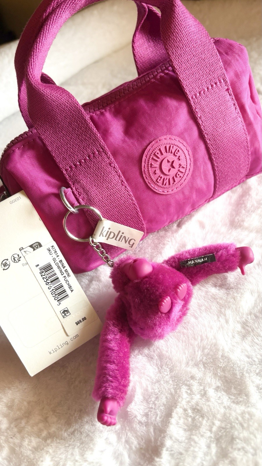 Genuine Kipling Bina Mini Small Duffle FUCHSIA Crossbody Terra w Keychain