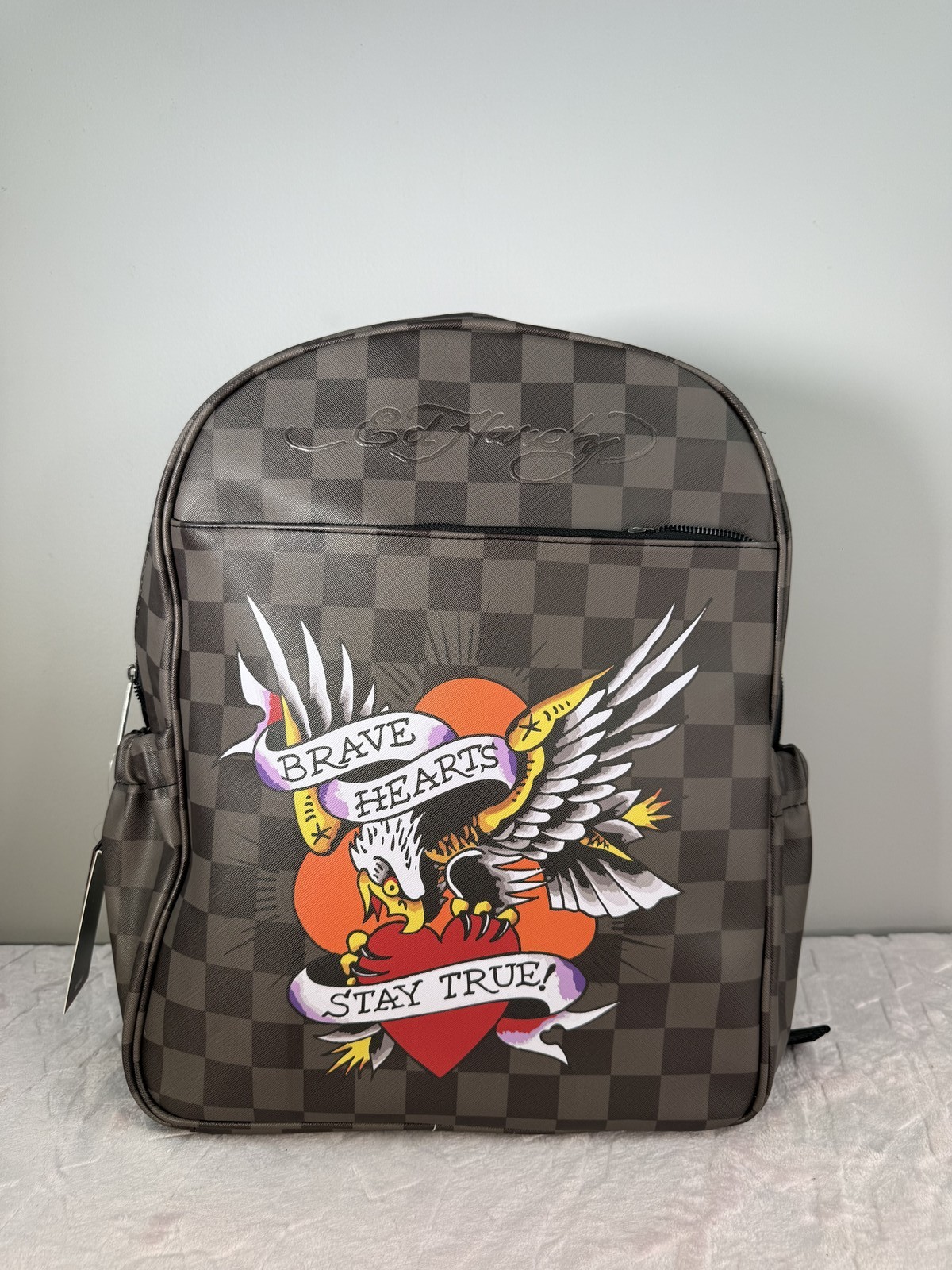 Ed Hardy Backpack Gray Checkered Faux Leather Eagle Graphic