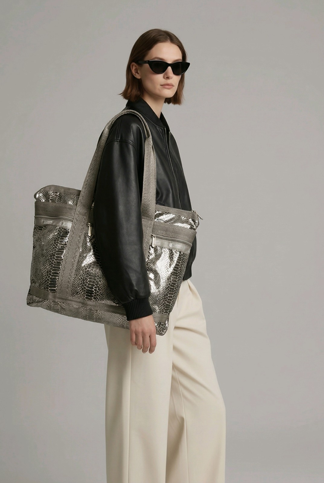 LeSportsac Classic Travel Tote in a Metallic Snake Skin Print 18x13x3