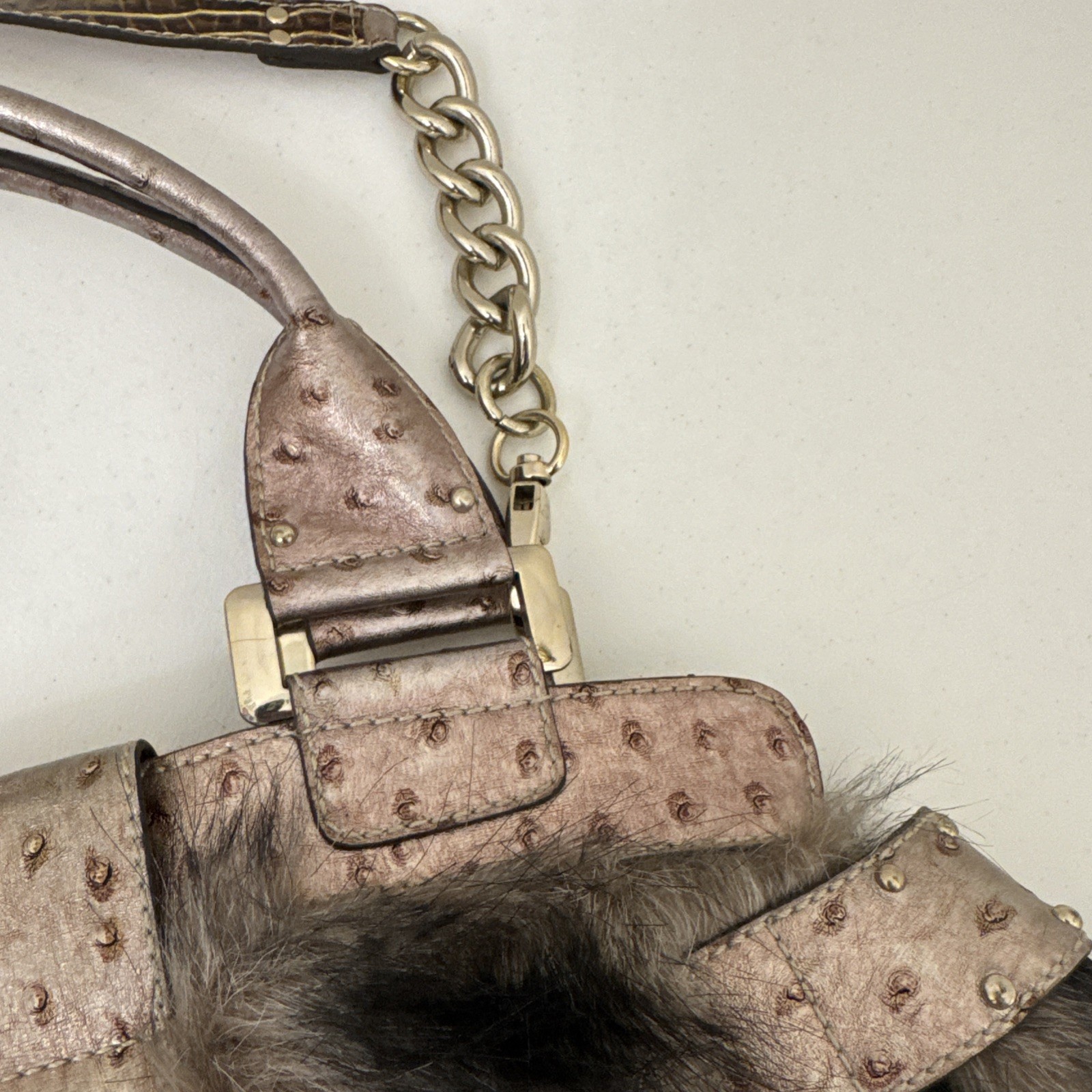 Vintage Y2K Guess Faux Fur Hobo Bag Rose Gold McBling Rhinestone Purse VERY RARE