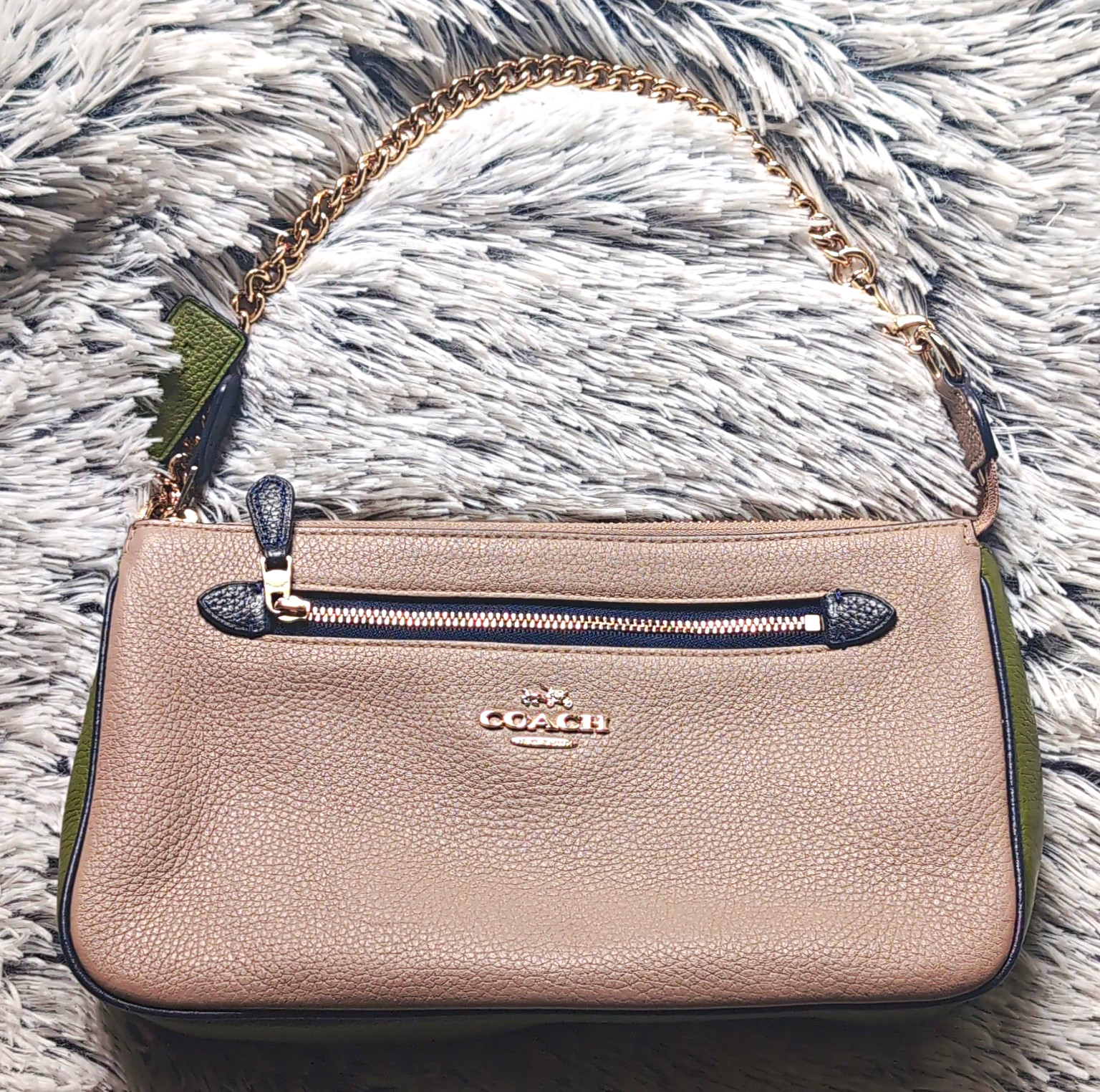 Coach Nolita 24 Beige/Green Colorblock Pebbled Wristlet Chain Strap