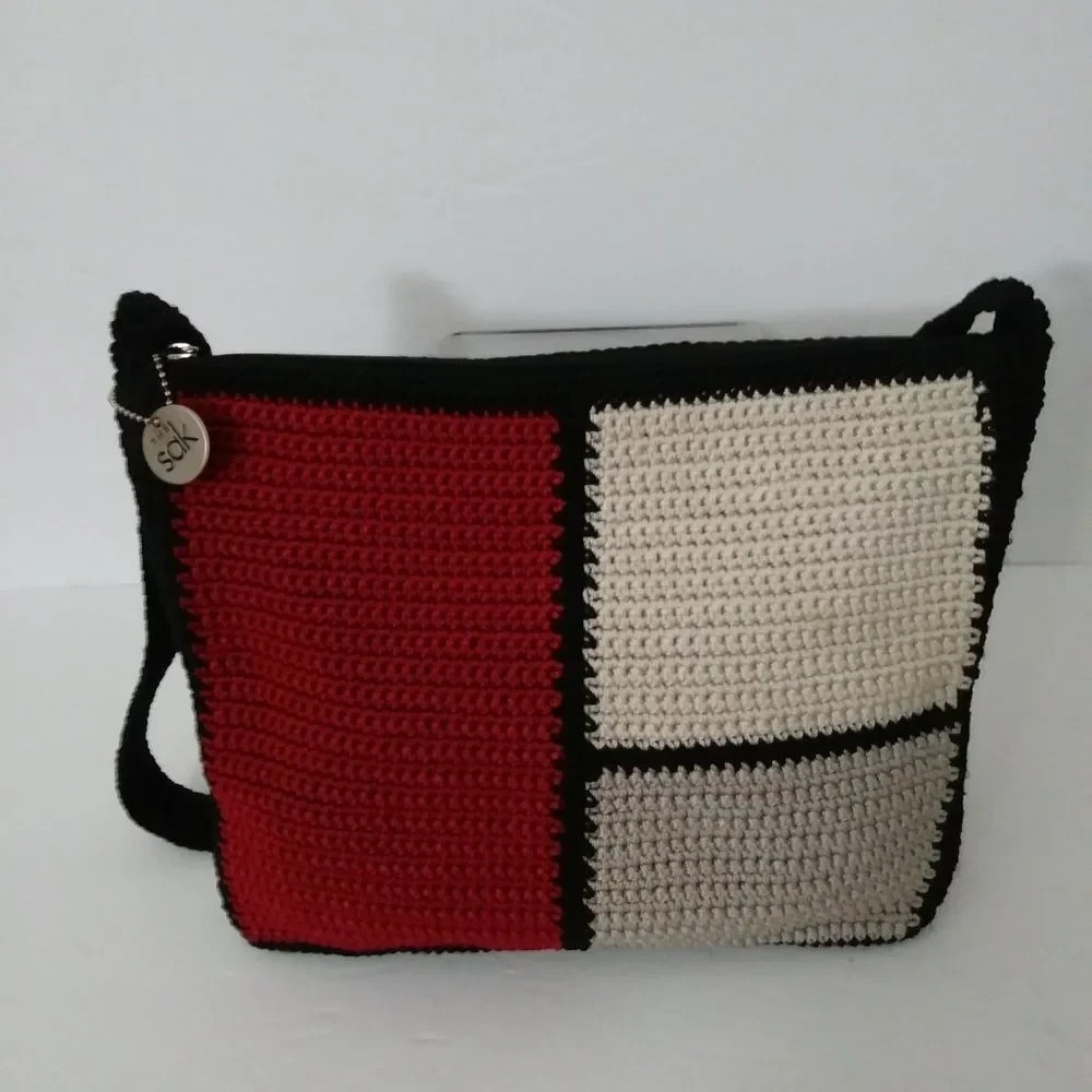 The Sak Crochet Color block Hobo Shoulder Bag Black Red Grey