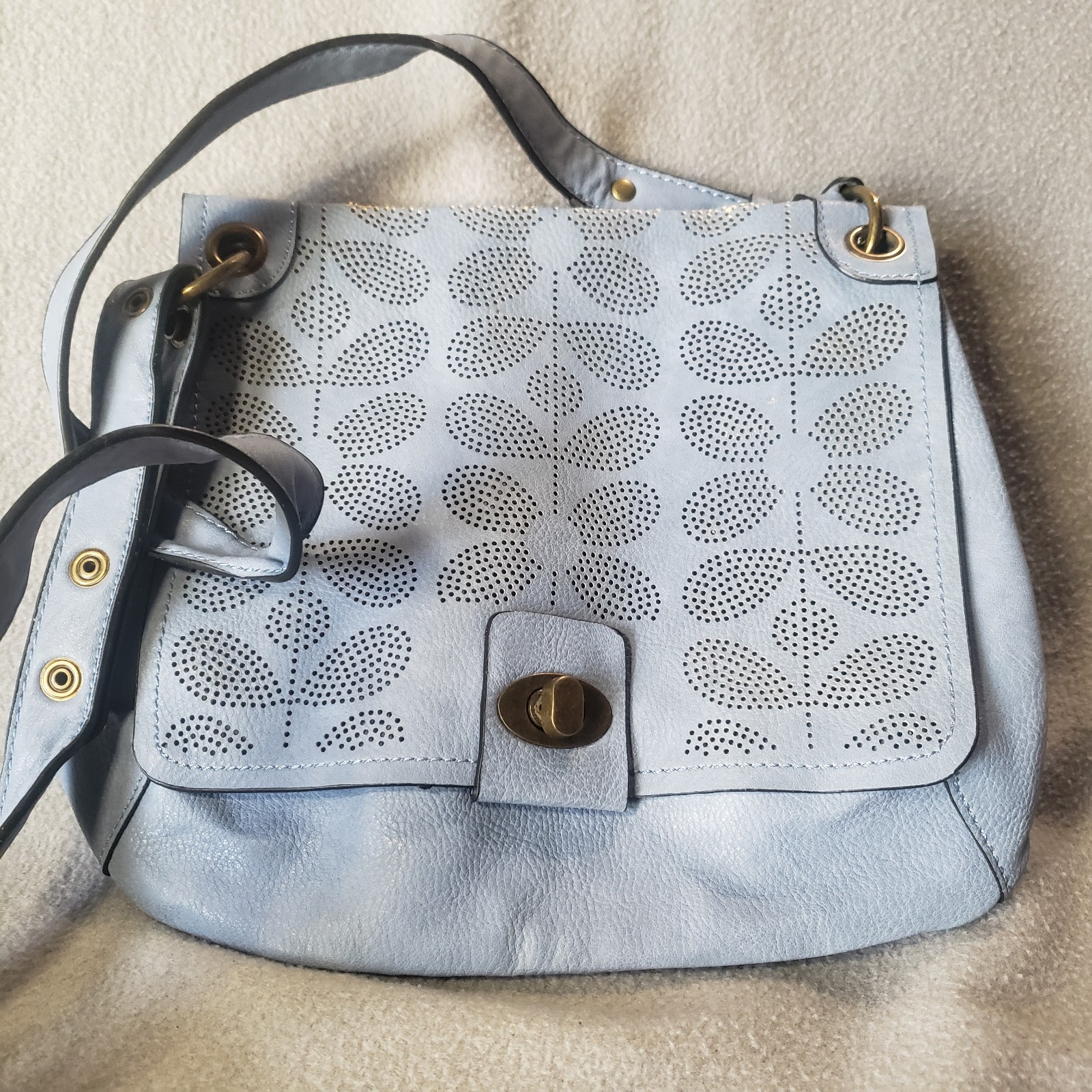 Coco + Carmen Light Blue Floral Perforated Leather Purse 11×9 inches