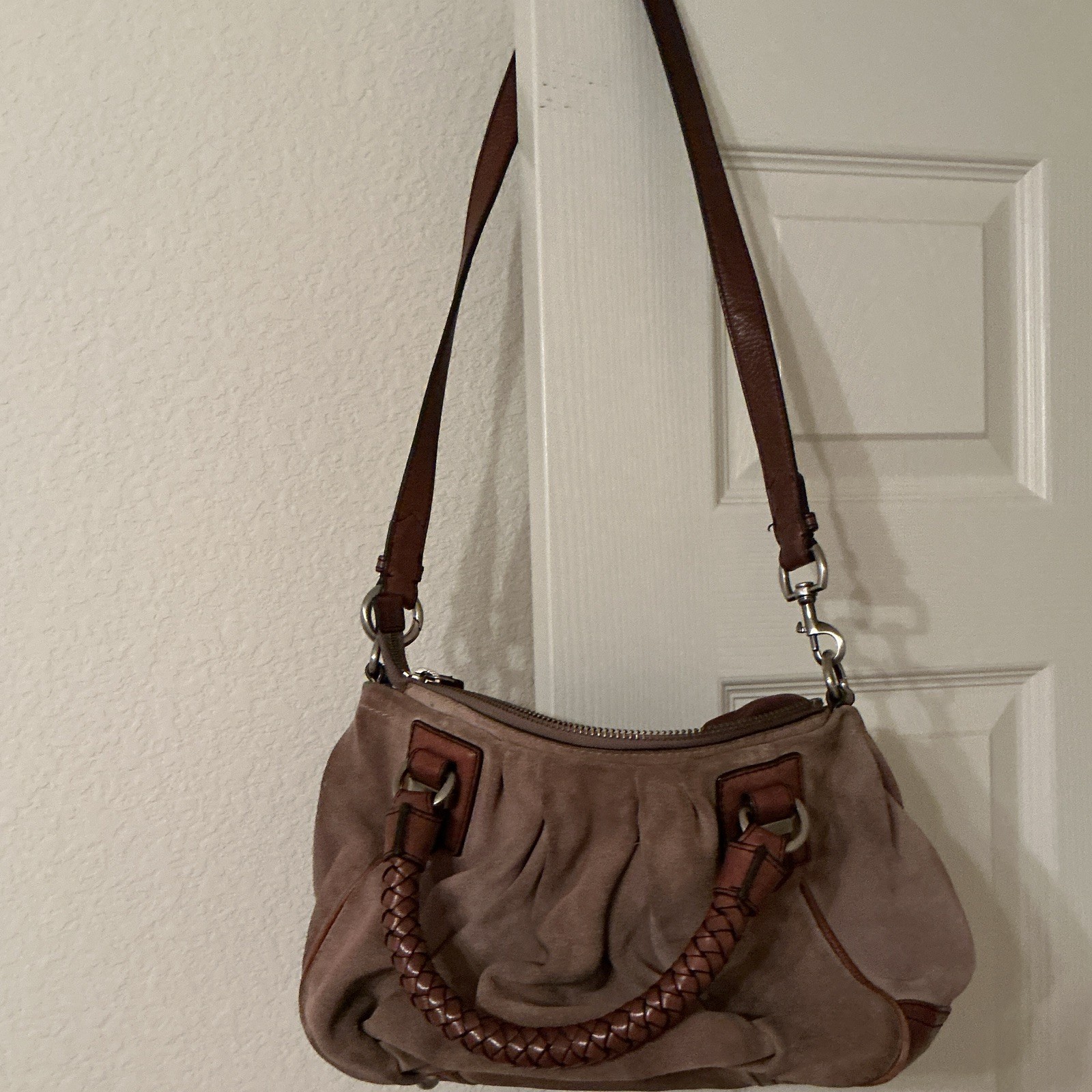 Banana Republic beautiful suede handbag taupe braided handle needs cleaning