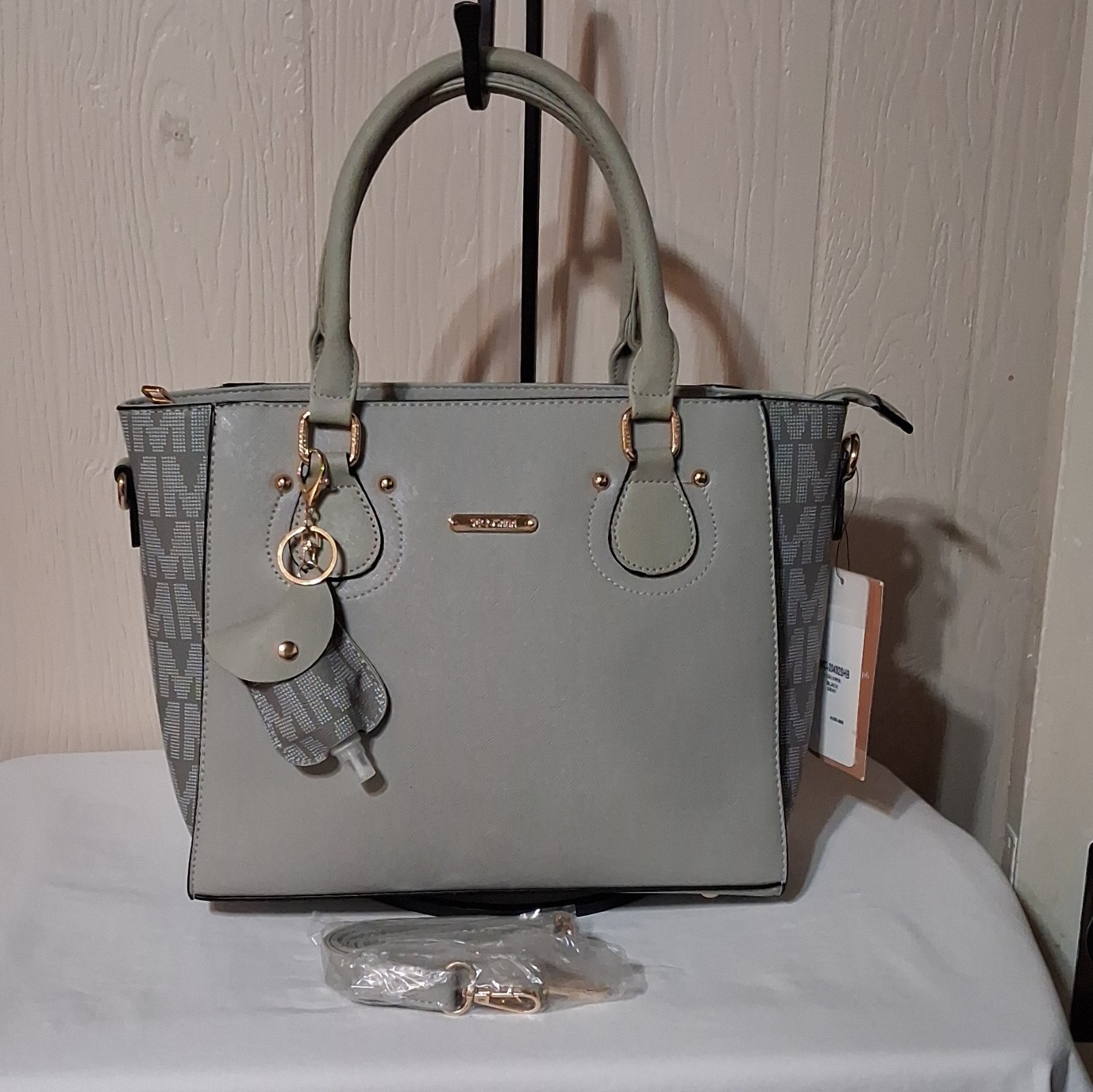 Secosana Gray Logo Satchel Top Handle Zip Detach Adjust Strap Gold Keychain