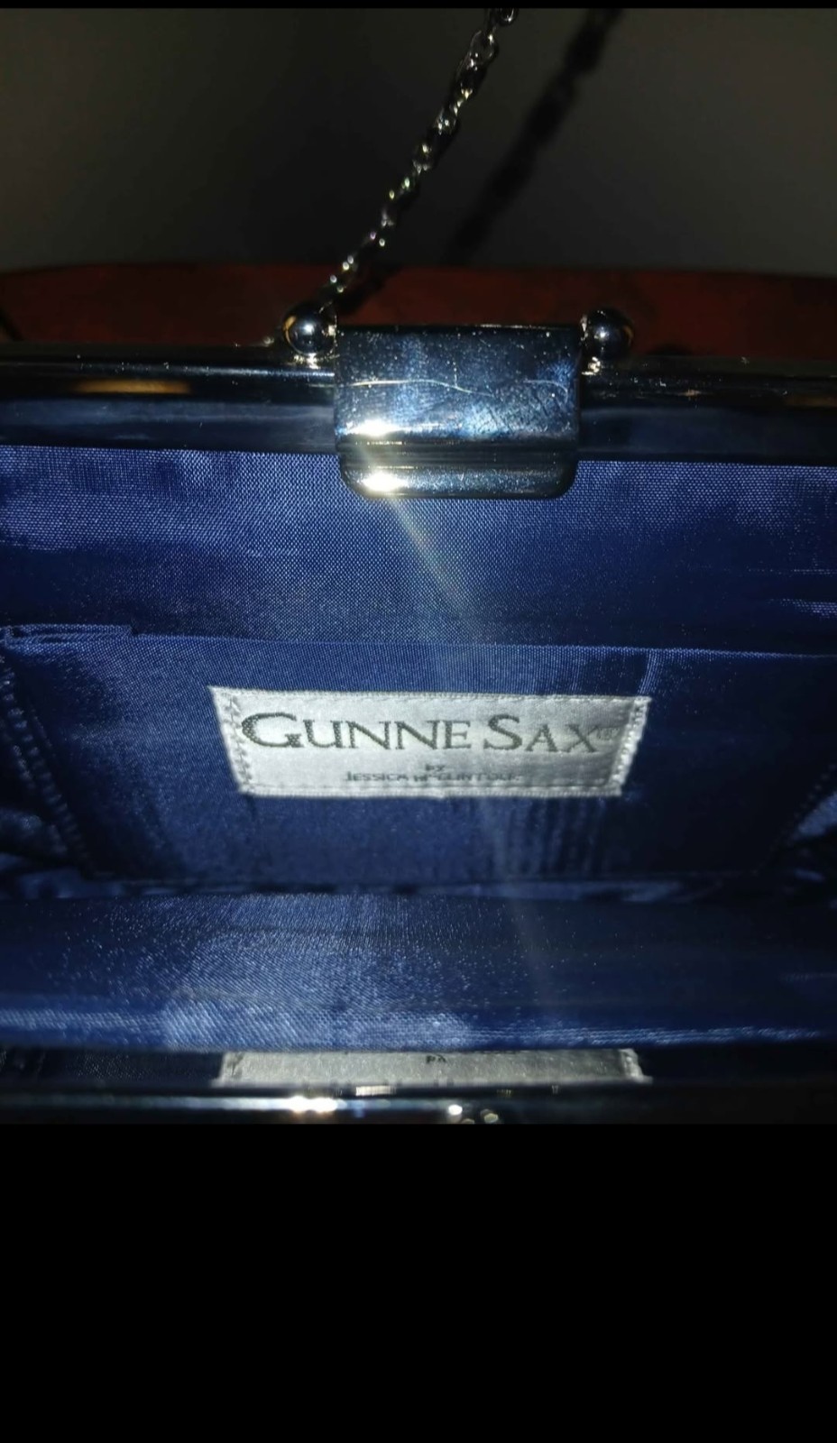 Gunne Sax Blue Pleated Clutch Purse Silver Chain Shoulder Strap Clasp Lined