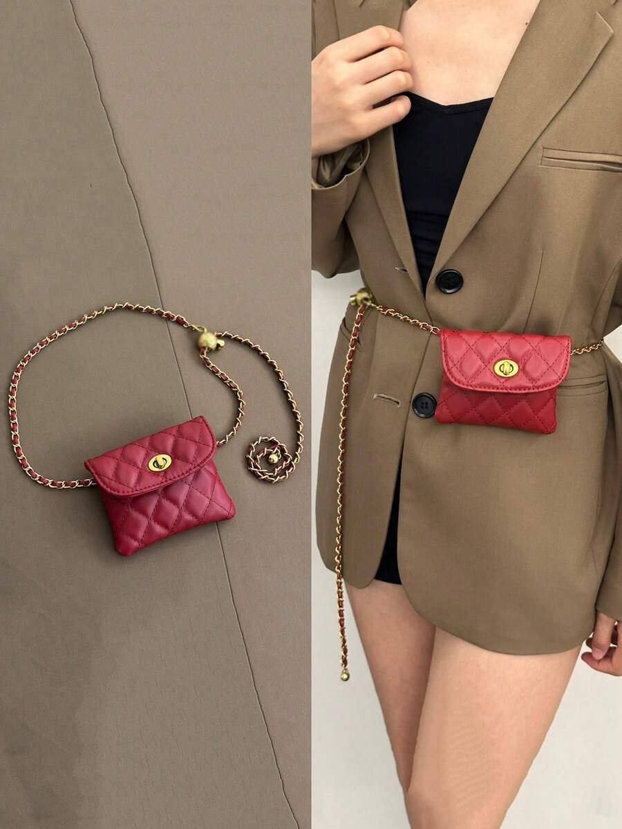 Mini Rhombus Waist Bum Bag Women Spiked Detachable Chain Crossbody Shoulder