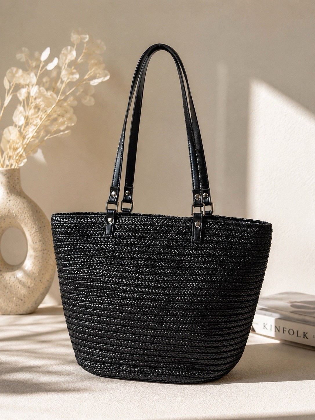 Black Woven Tote Bag | Large Shoulder Bag | Braided Straw Look Everyday Tote
