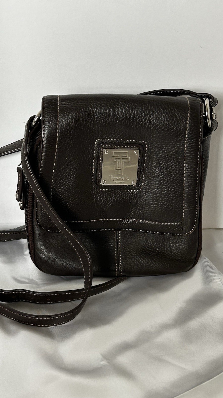 Tignanello Brown Pebbled Leather Small Flap Organizer Crossbody Shoulder Bag