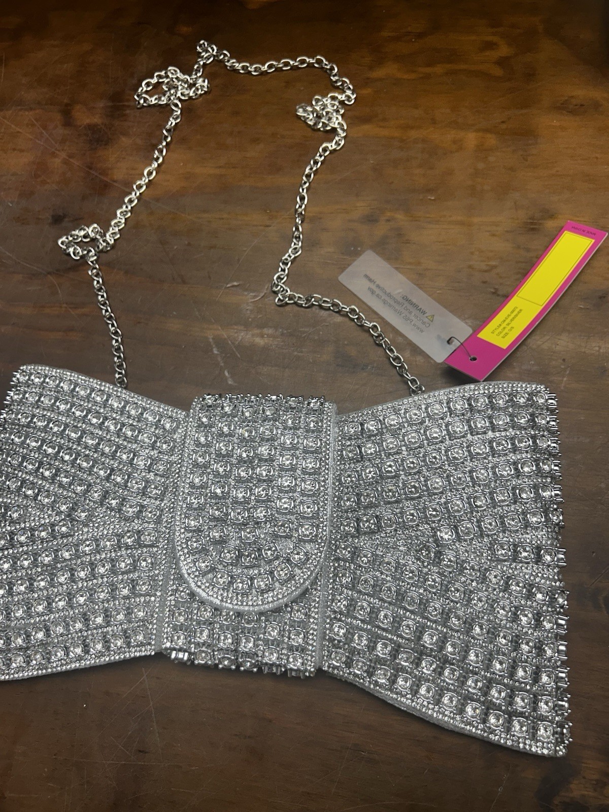 Catherine Malandrino Silver Rhinestone Bow Clutch Zip Closure Chain Strap