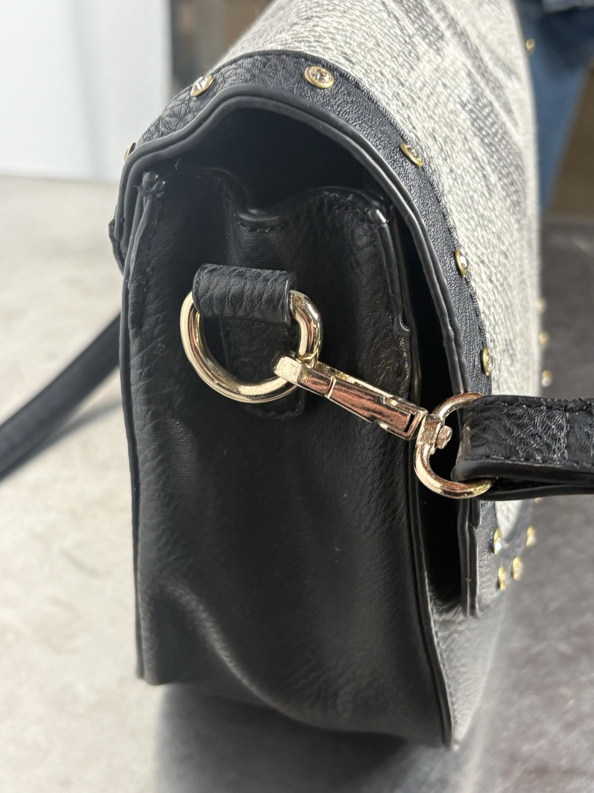 CocoAndCarmen Rhinestone Studded Purse Black/Animal Print Detachable Flap