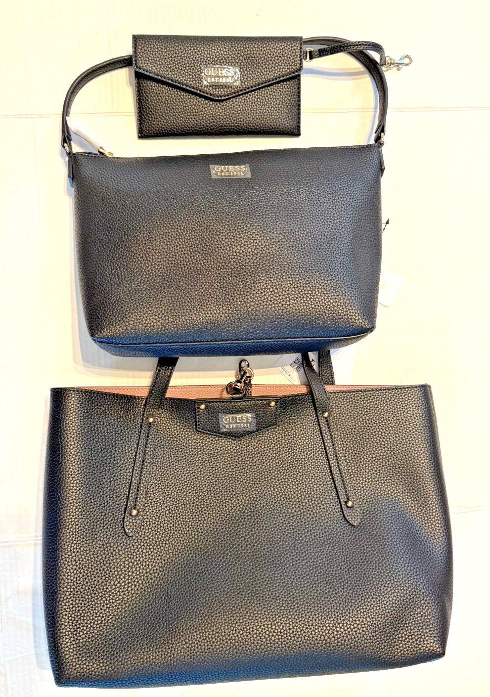 GUESS HANDBAG SET WOMEN ECO BRENTON TOTE BAG RPET BLACK 3-PCS