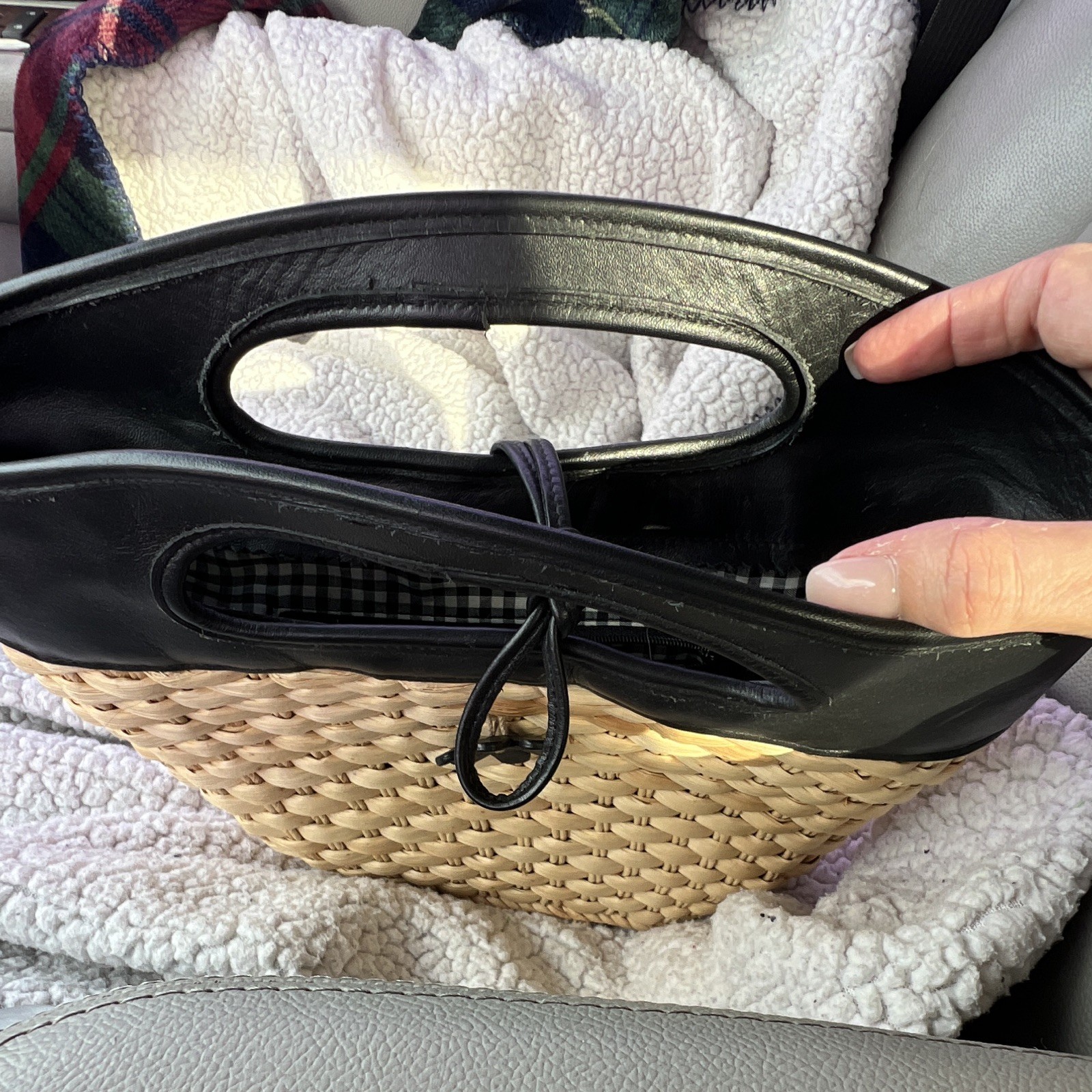 Women’s Beige/Black Woven Wicker Top Handle Bag Black Leather Handle Gingham