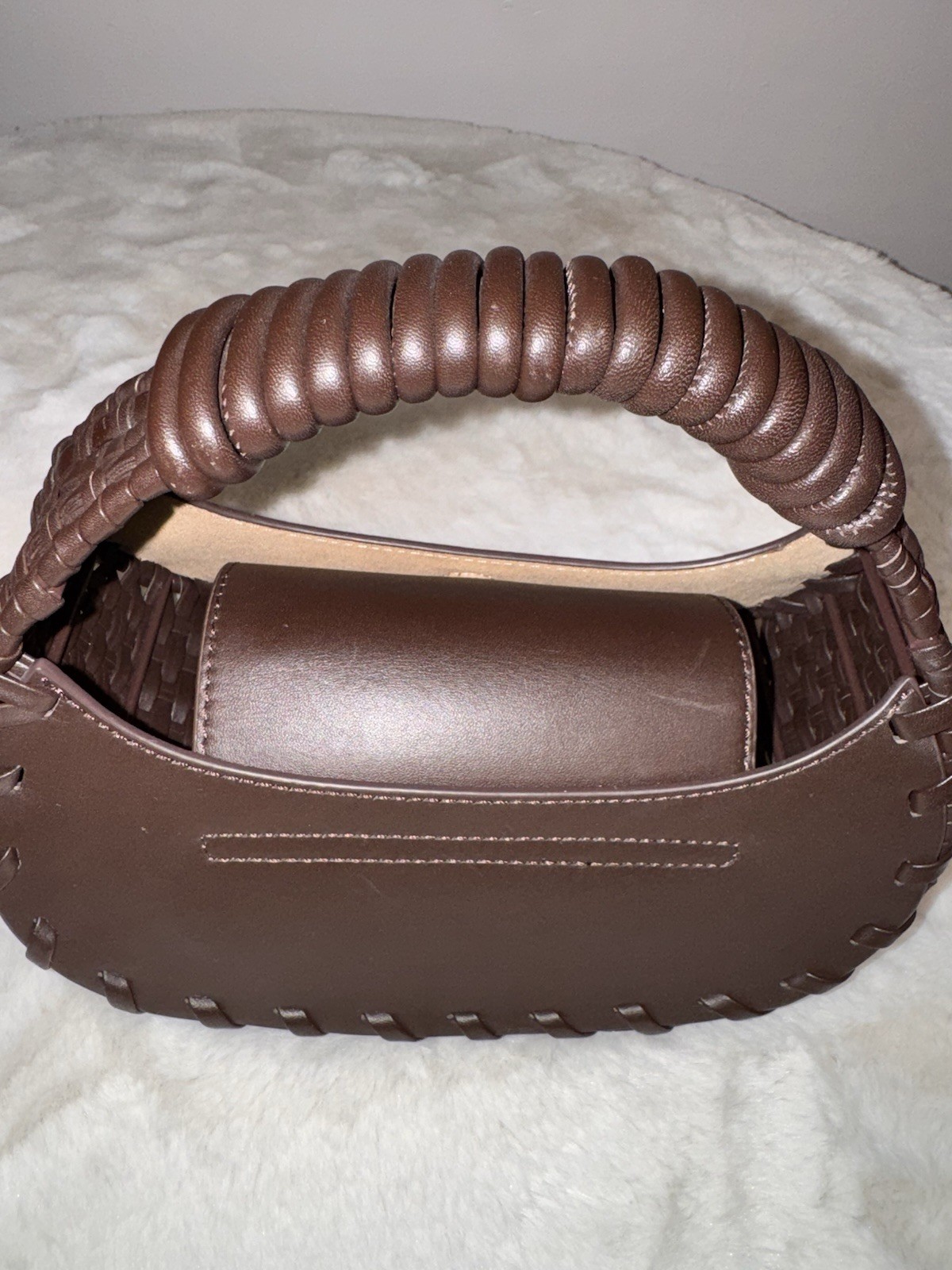 Cult Gaia Aiko Brown Leather with Whip Stitched Top Handle Bag Woven