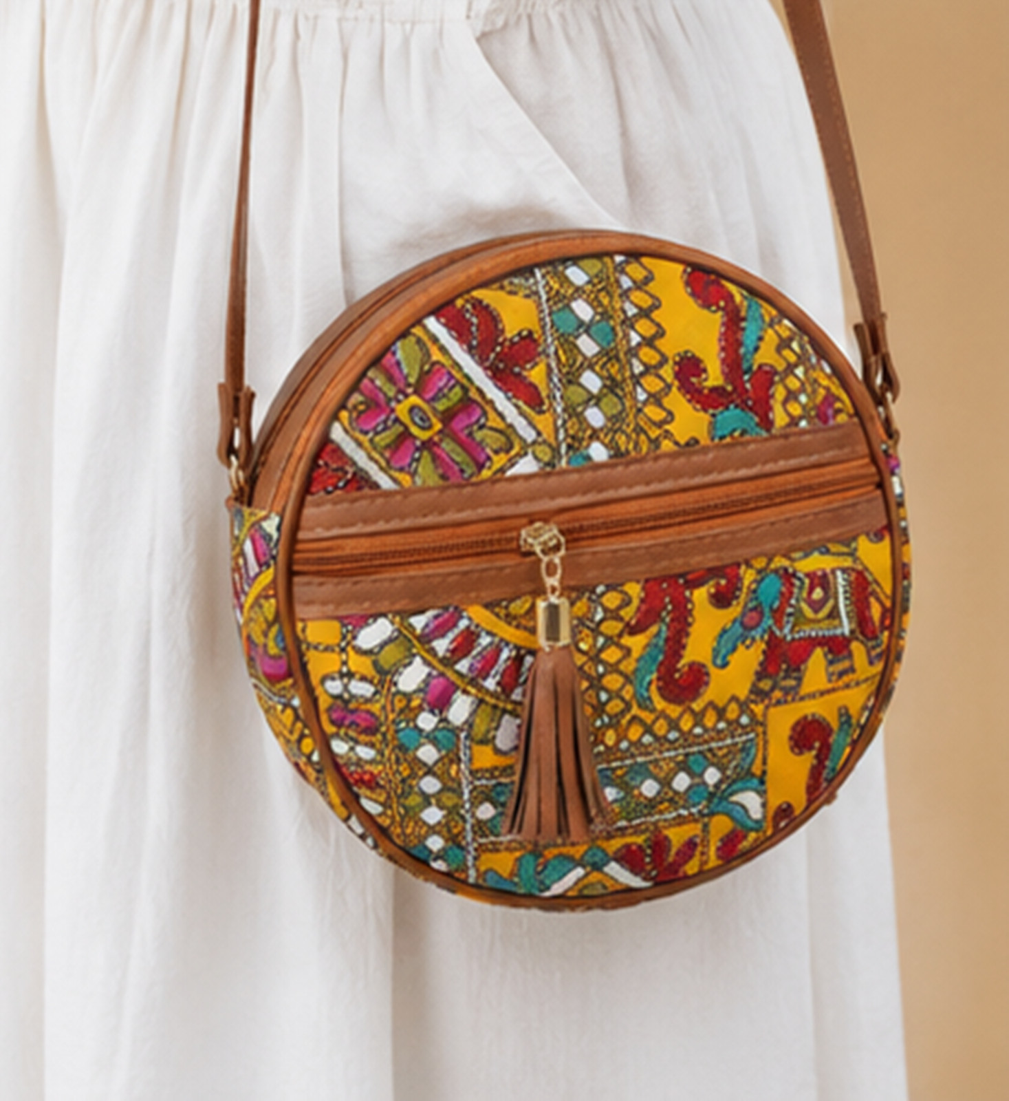Round Boho Crossbody Bag, Handmade Yellow Tribal Print Purse, Ethnic Circular
