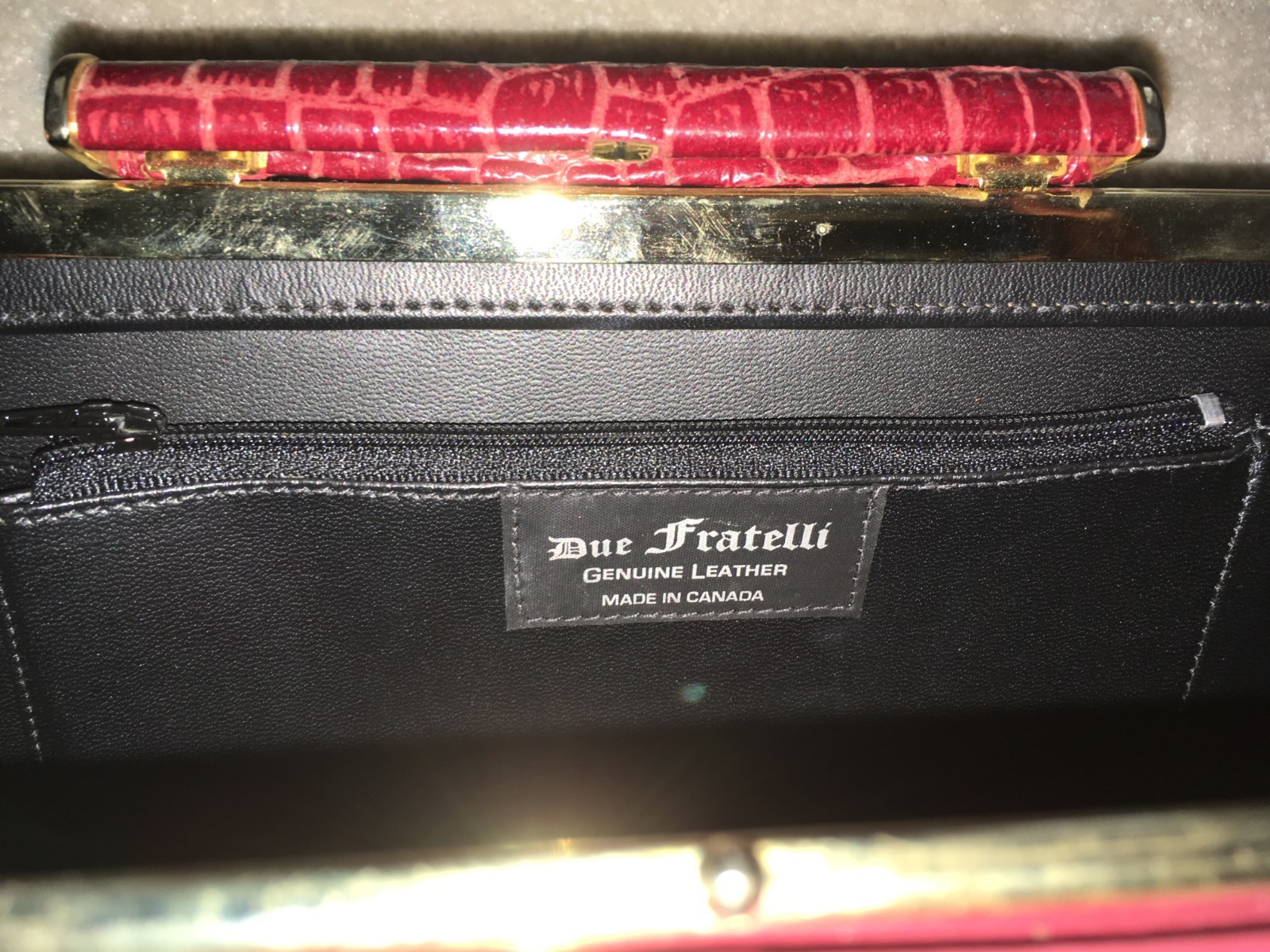 Vtg Due Fratelli Genuine Leather Crocodile Pattern ~ Red w/ gold accents