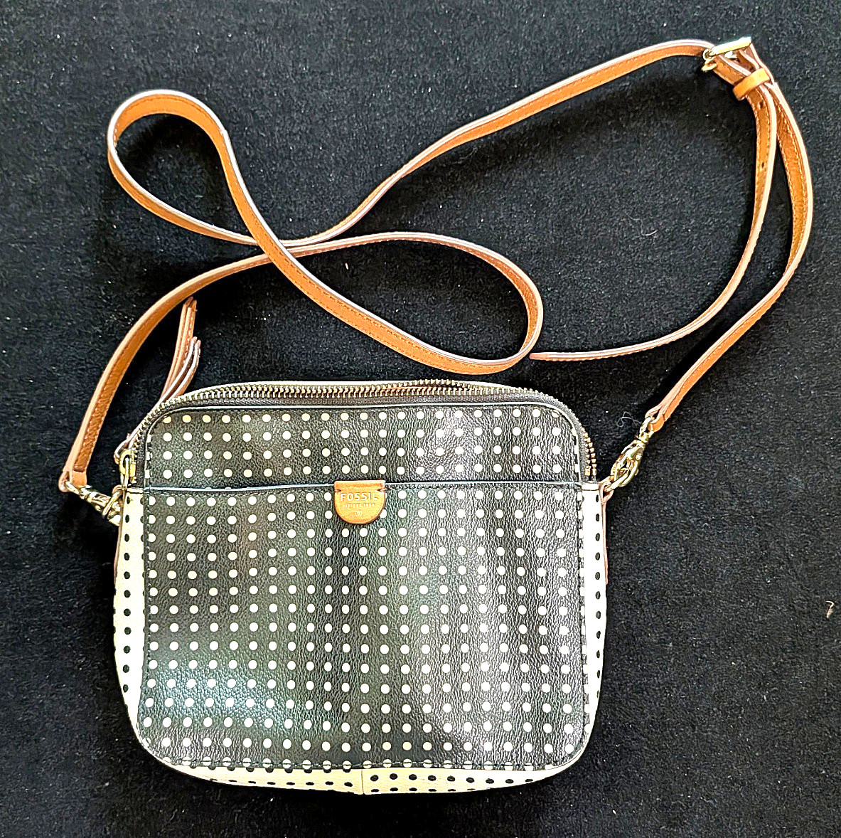 Fossil Crossbody Polka Dot 2-Sided Coated Canvas Bag Adjustable Leather Strap
