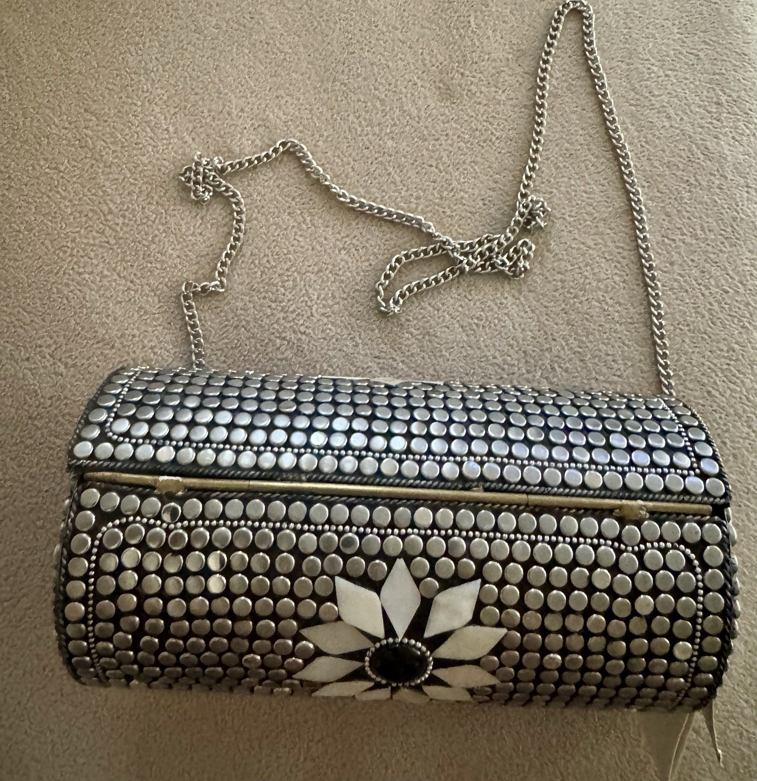 Antik Kraft Mother of Pearl Cylinder Tube Handbag with Metal Chain Mosaic Boho