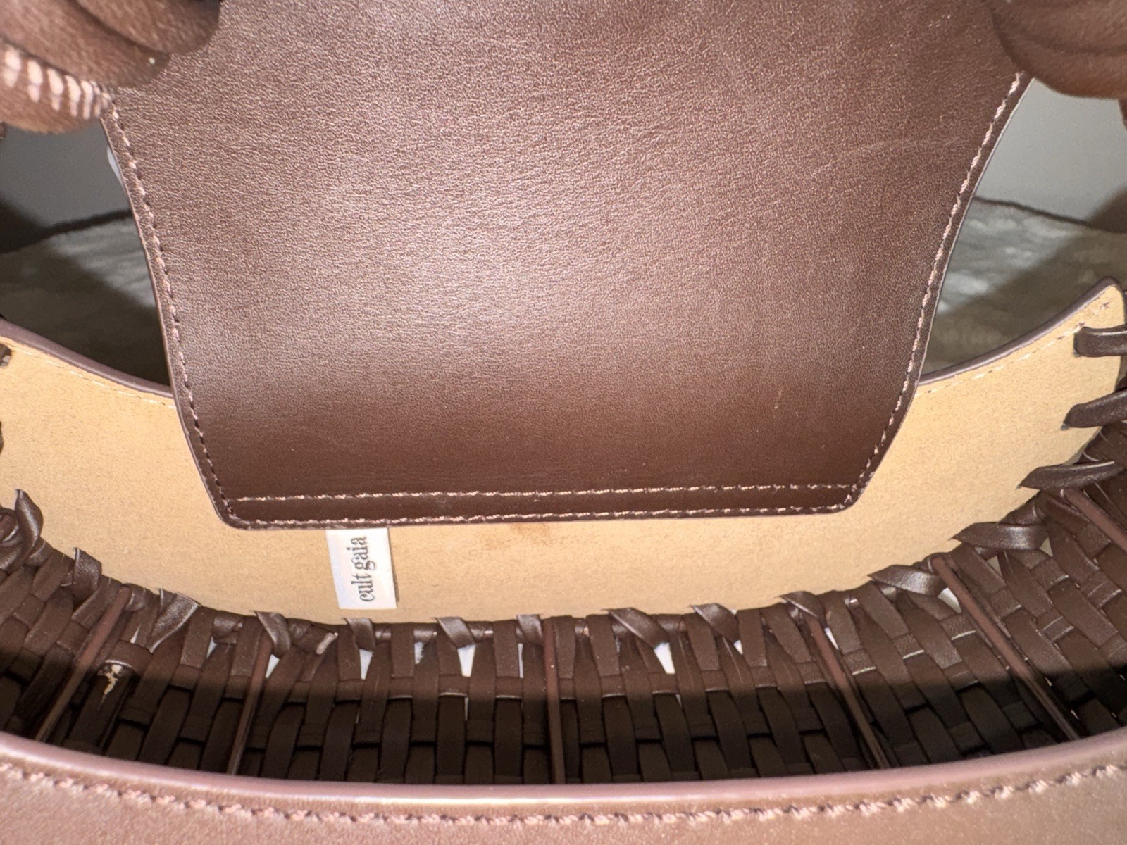 Cult Gaia Aiko Brown Leather with Whip Stitched Top Handle Bag Woven