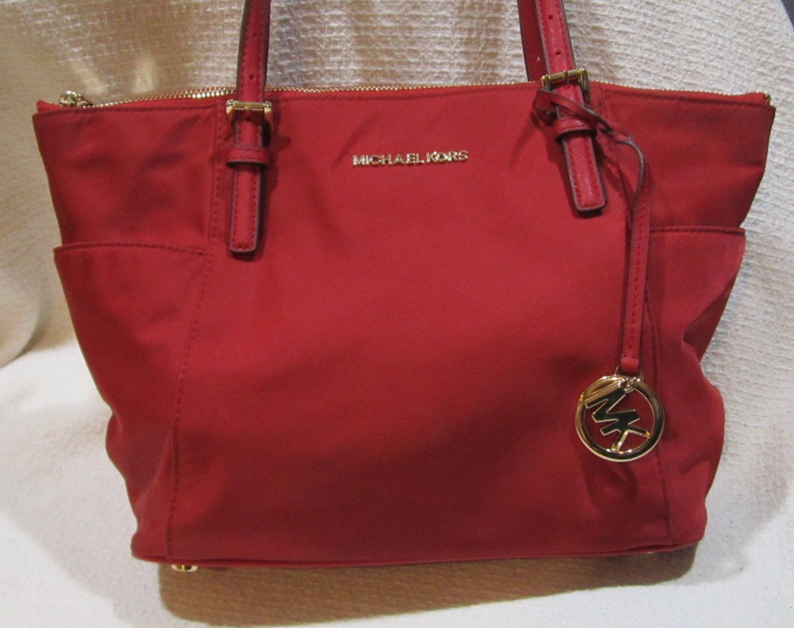 Michael Kors Cherry Red Nylon Tote Bag Purse Double Leather Handles Large