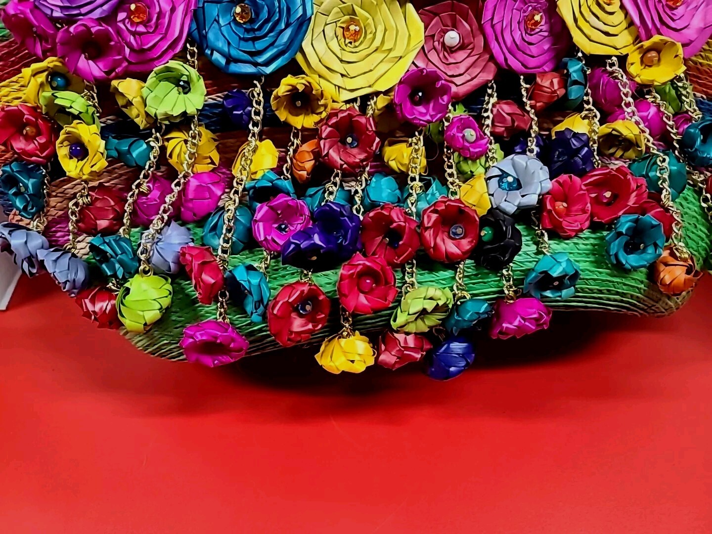 Vintage Tote Bag Straw Flowers Bolsa De Palma Hand Made Big Colorful 20×10×6″