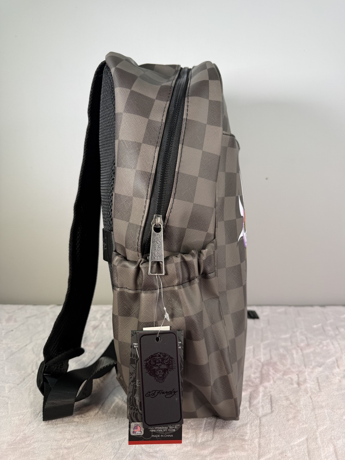 Ed Hardy Backpack Gray Checkered Faux Leather Eagle Graphic
