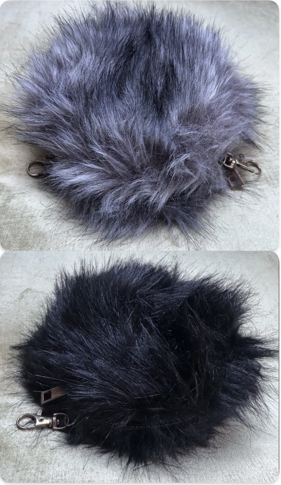 Lot 2 Faux Fur Small Pouch Bags Black Gray Zipper Snap Hook NO STRAP 6”