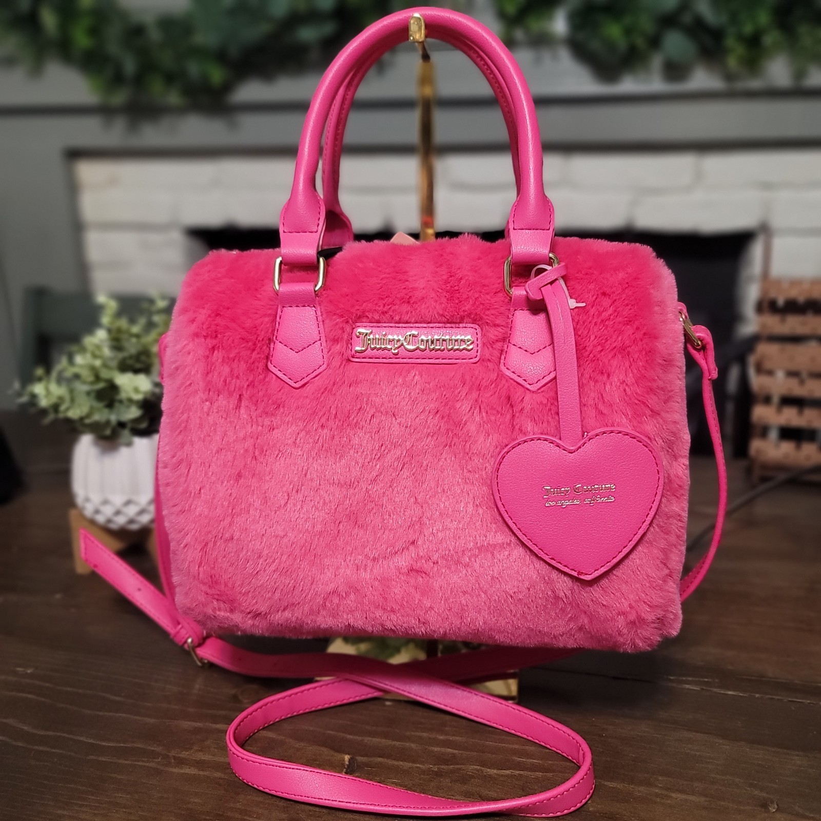 Juicy Couture Free Love Satchel Hot Pink Faux Fur Adjustable Crossbody Strap