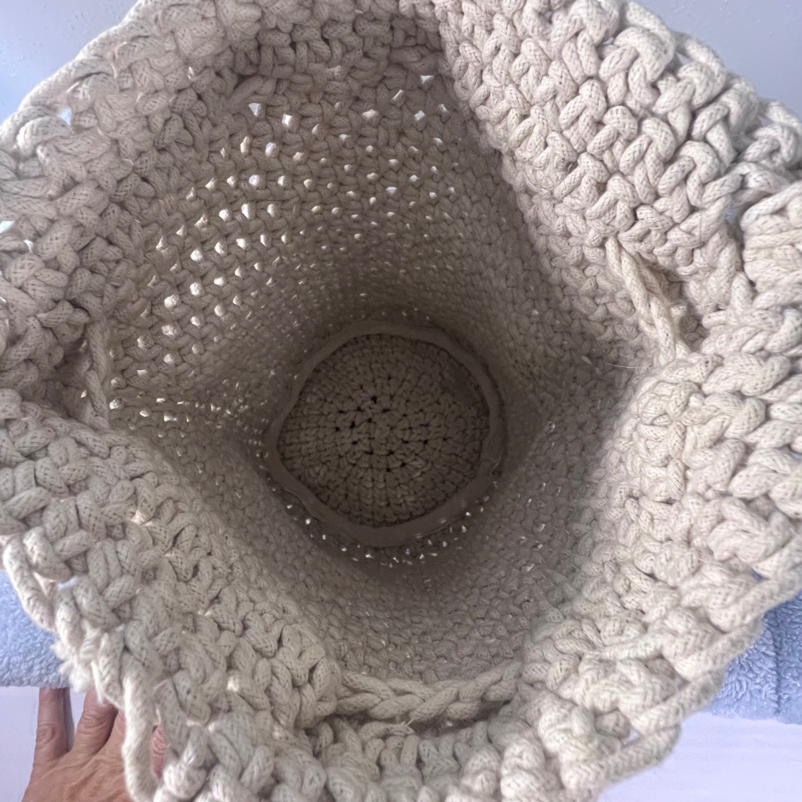 Crochet Bucket Barrel Purse Cream Drawstring Boho Gypsy Coastal Oat Bag