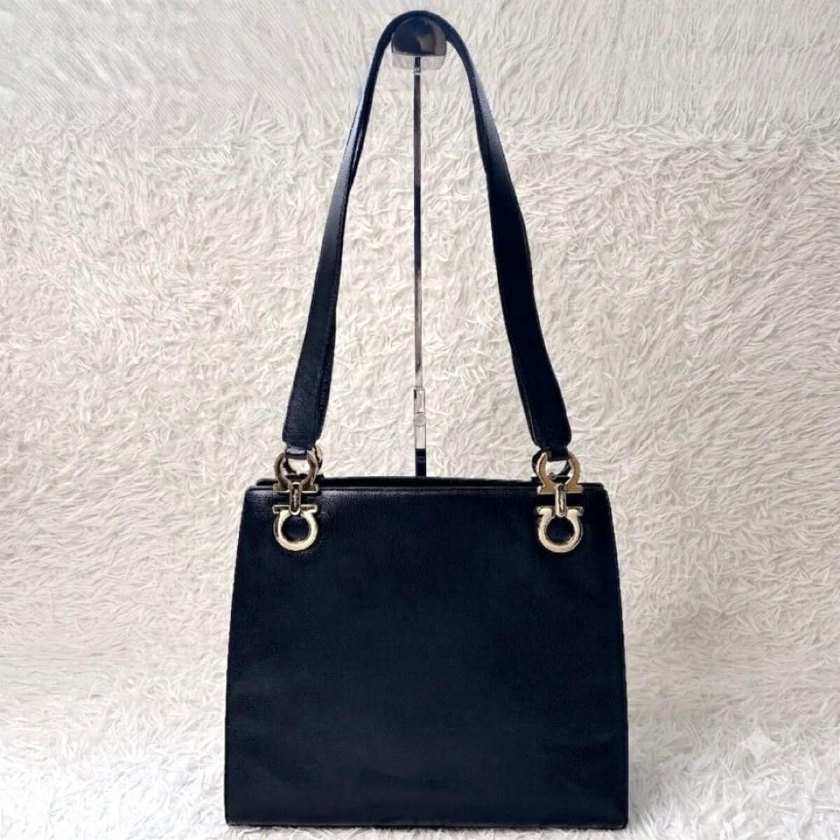 Salvatore Ferragamo Gancini Black Leather Shoulder Tote Bag Gold Hardware Italy