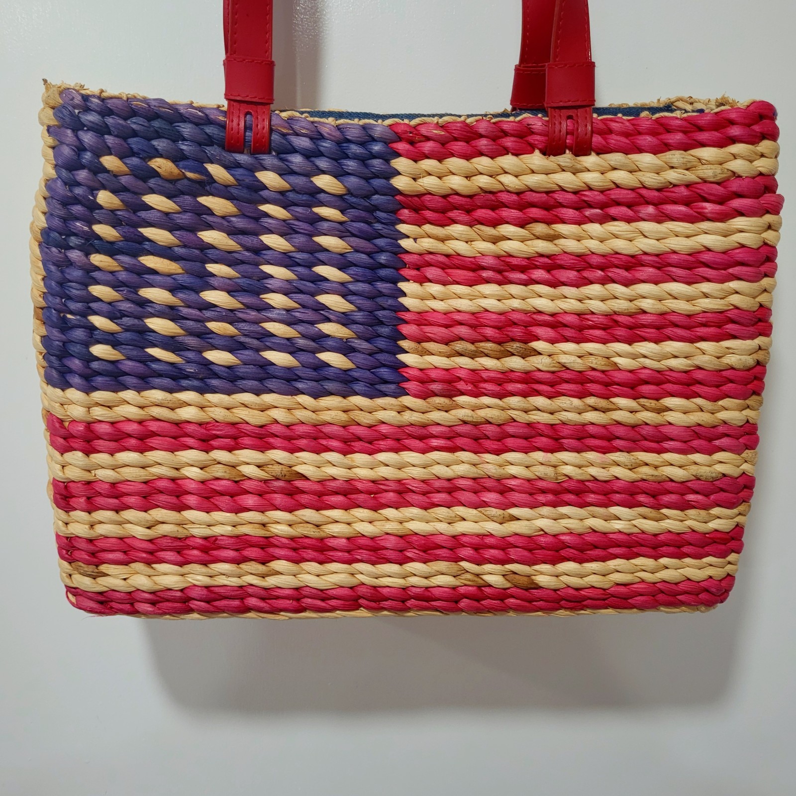 Americana Flag Woven Straw Tote Bag Red Handles Summer Beach Purse