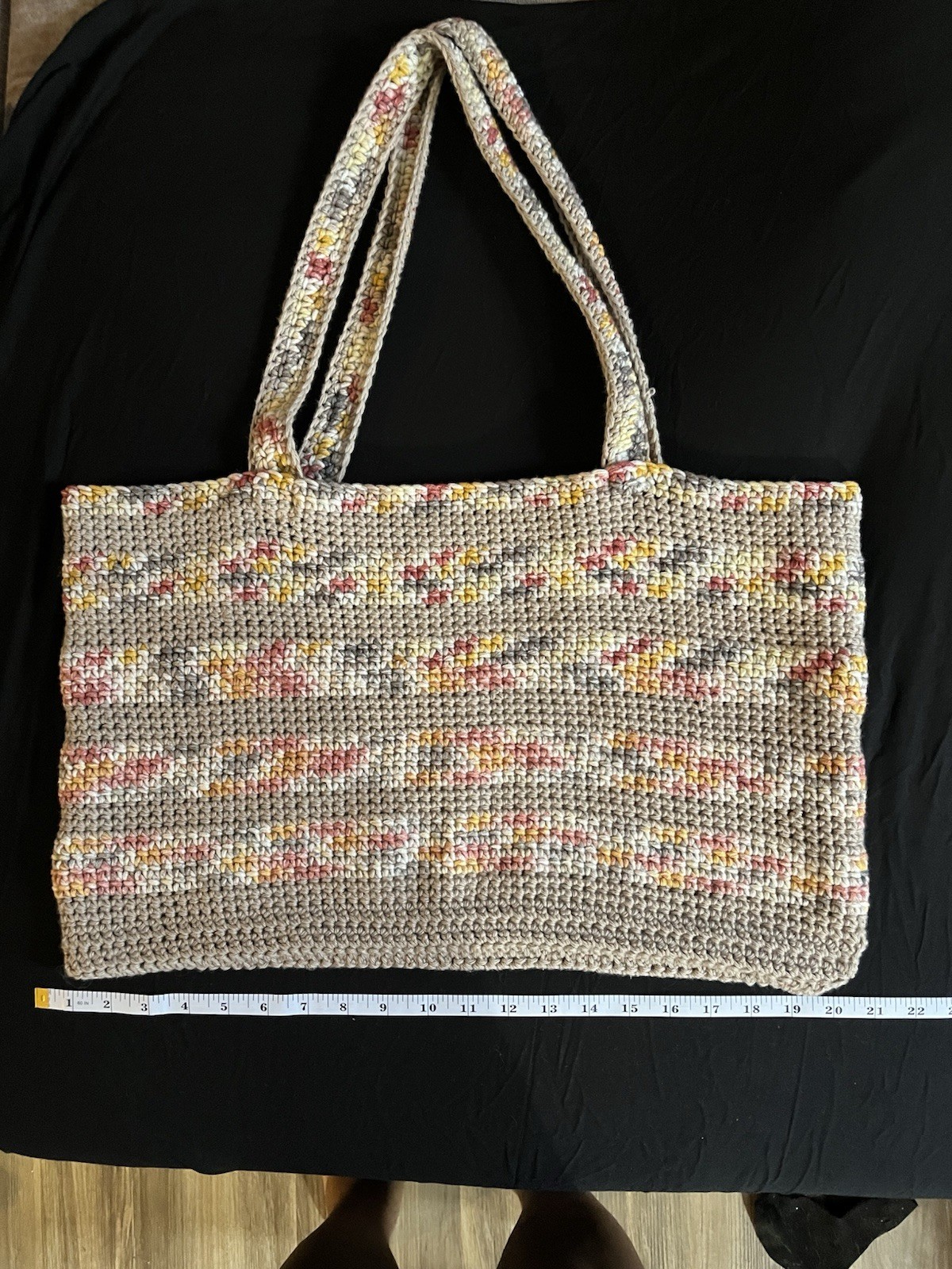Handmade Crochet Women’s Tote Bag Gray Multicolor Rectangle Double Handles