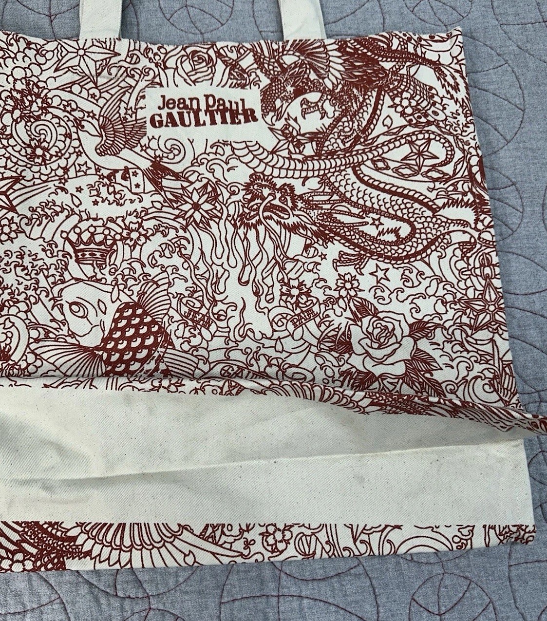 Jean Paul Gaultier JPG Tattoo Tote Bag Fish Dragon Red Beige Canvas Beach Cotton