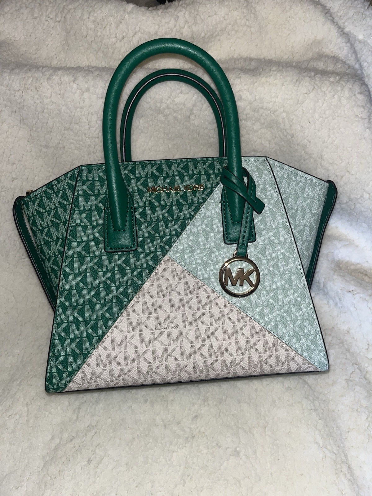 Michael Kors Monogram Satchel Top Handle Green/White Zip, Detachable Strap