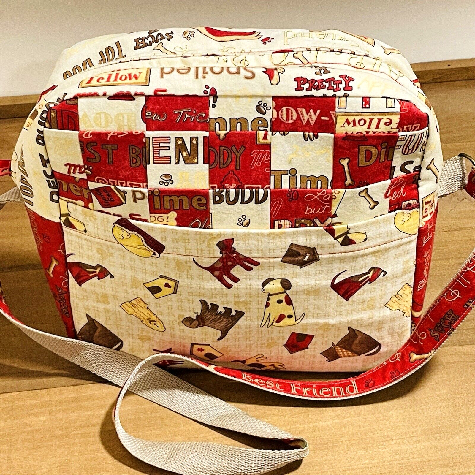 Crossbody Tote Bag Dog Pet Puppy Paw Handmade Cotton Fabric 10″ Red Yellow