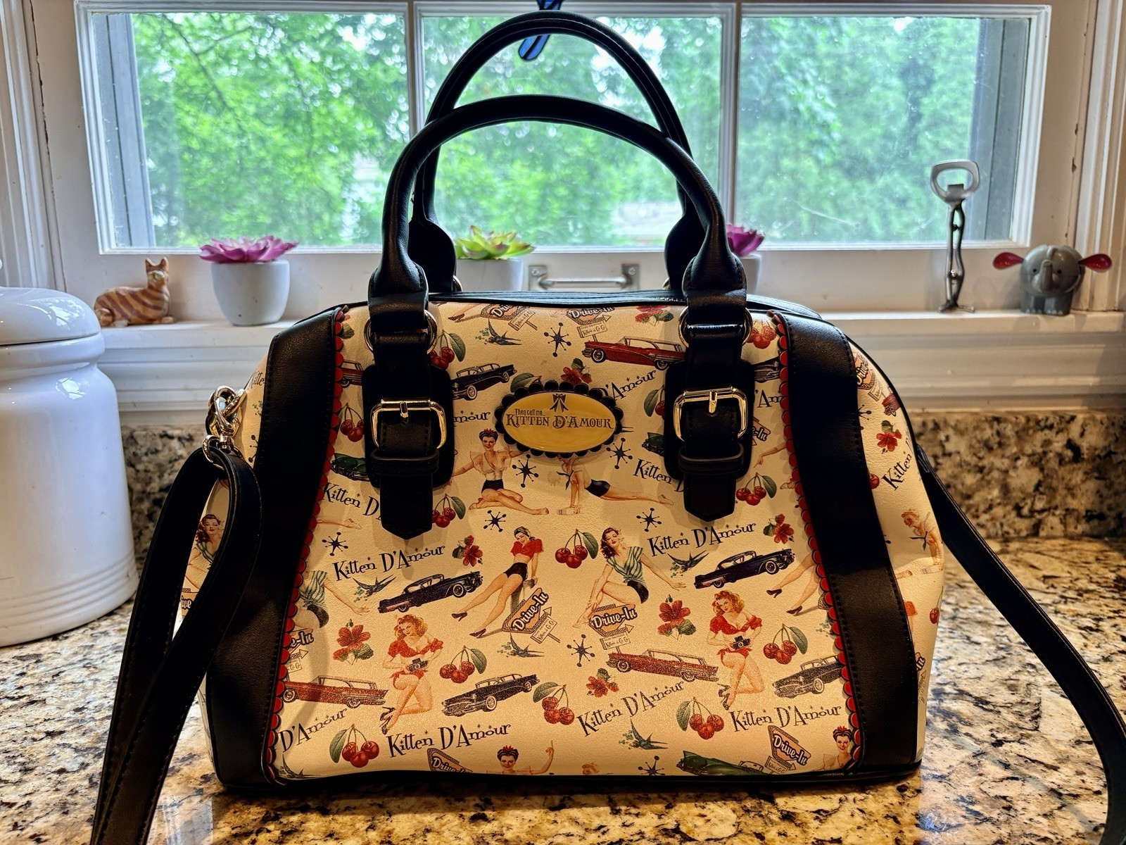 Kitten D’Amour Pin-Up Retro Satchel Top Handle Bag w/ Detachable Strap Wallet