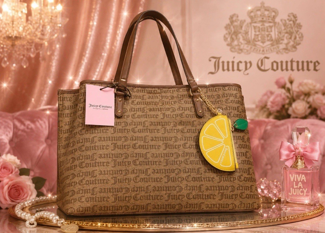 Juicy Couture Brown Logo Tote Bag Lemon Charm Gold Hardware Double Handles