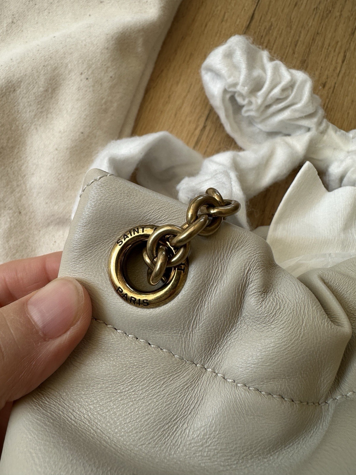 Saint Laurent Jamie Large Pochon Bucket Drawstring Quilted Chain Dust Bag Beige