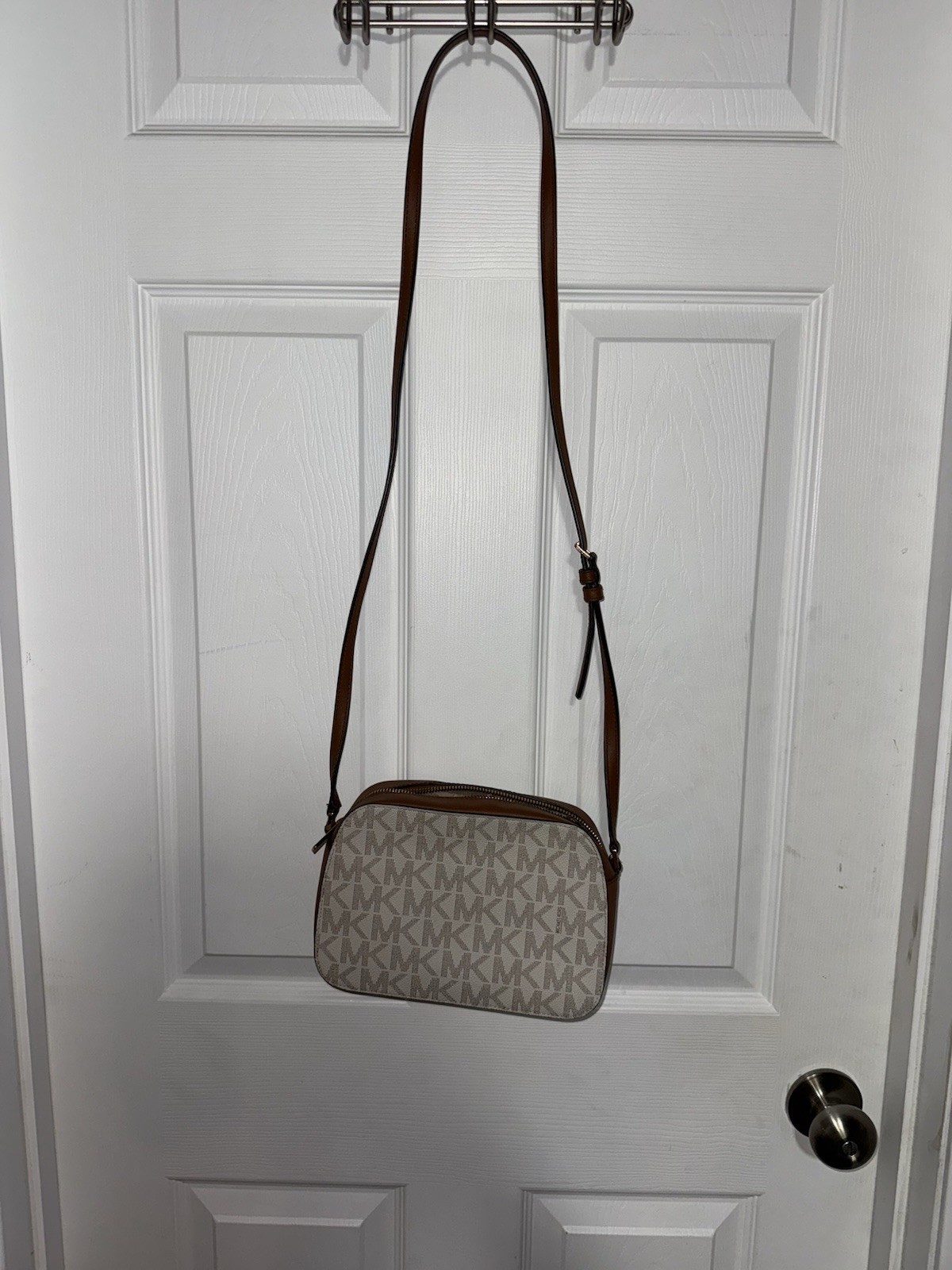 Michael Kors Monogram Logo Crossbody Bag Beige/Brown Zip w/ Adjustable Strap