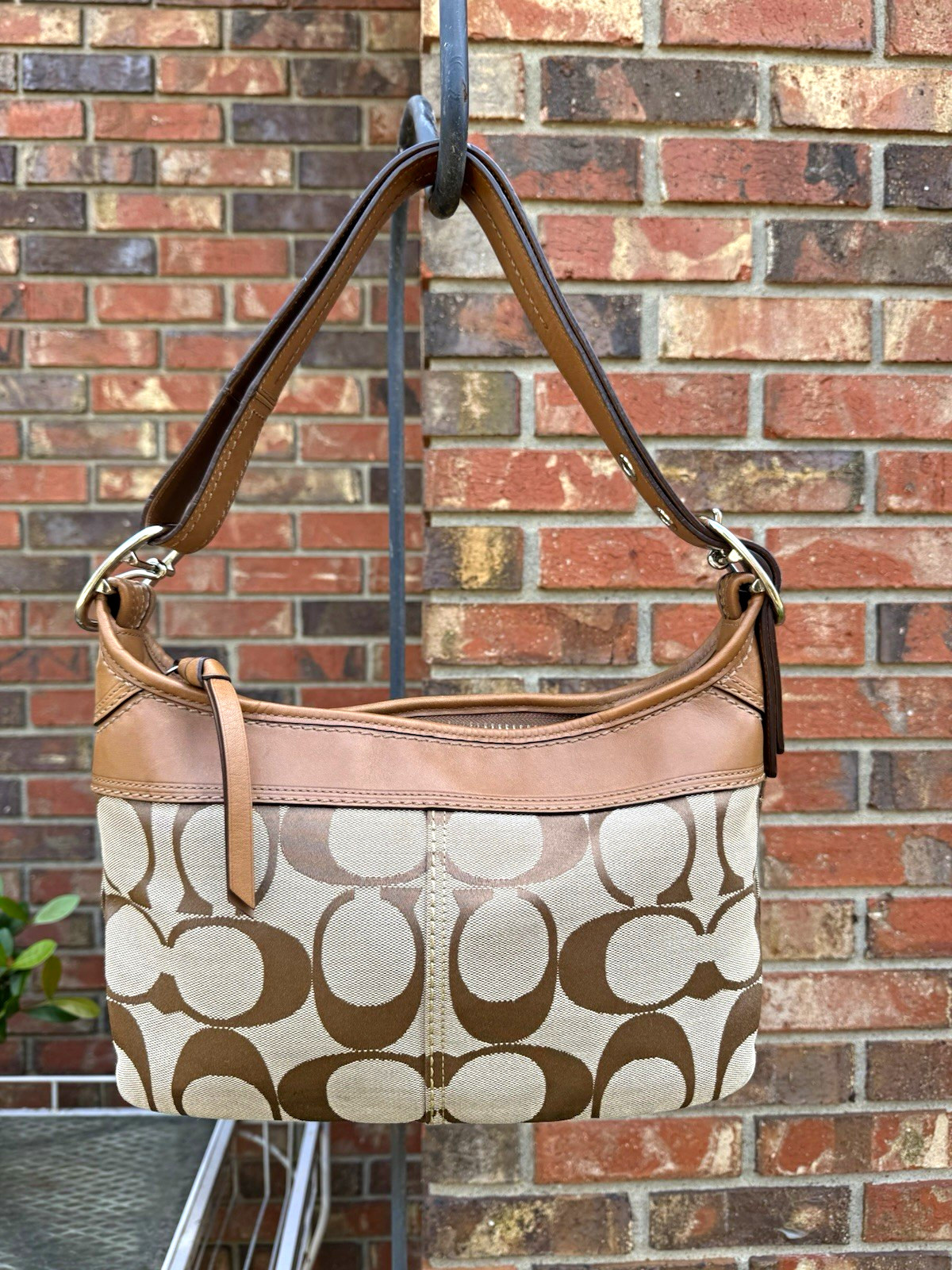 Coach SoHo Signature Brown Canvas Tan Leather Shoulder Bag F13359 Y2K EUC